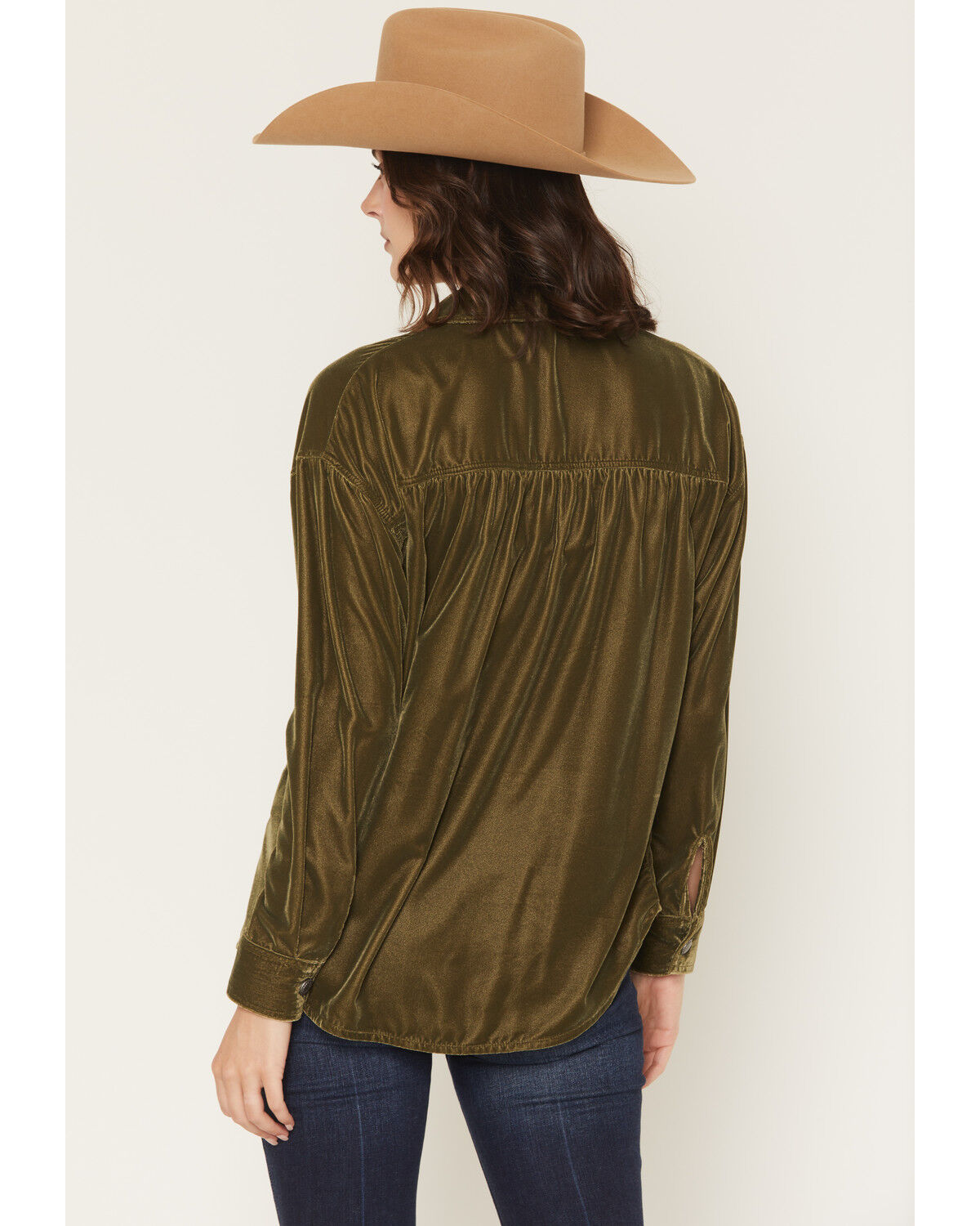 Image #4 - Rock & Roll Denim Women's Oversized Studded Velvet Concho Button Shirt, Olive, hi-res