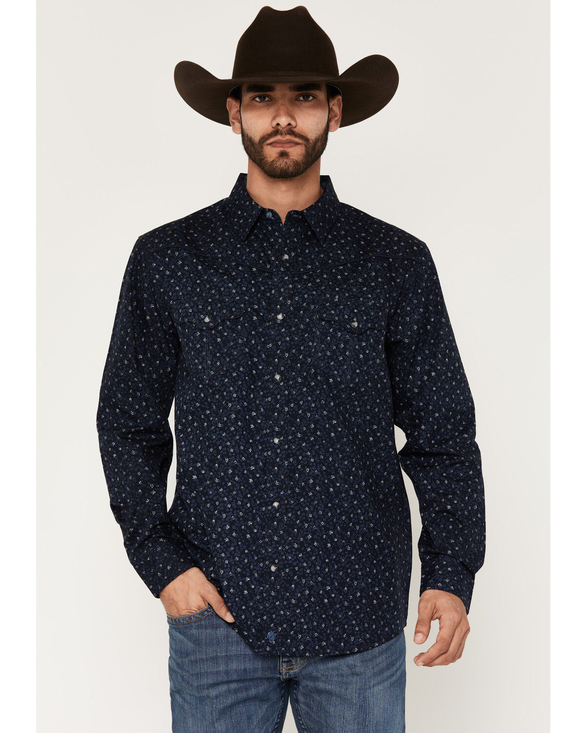 Moonshine Spirit&reg; Men's Wrangler Micro Floral Long Sleeve Snap Western Shirt, Navy, hi-res