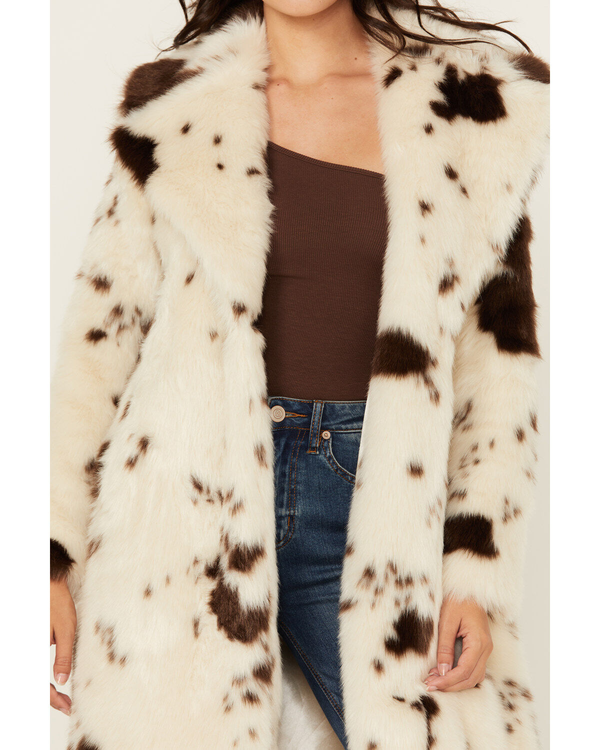 Image #3 - Powder River Outfitters Women's Cow Print Duster Faux Fur Coat, Cream, hi-res