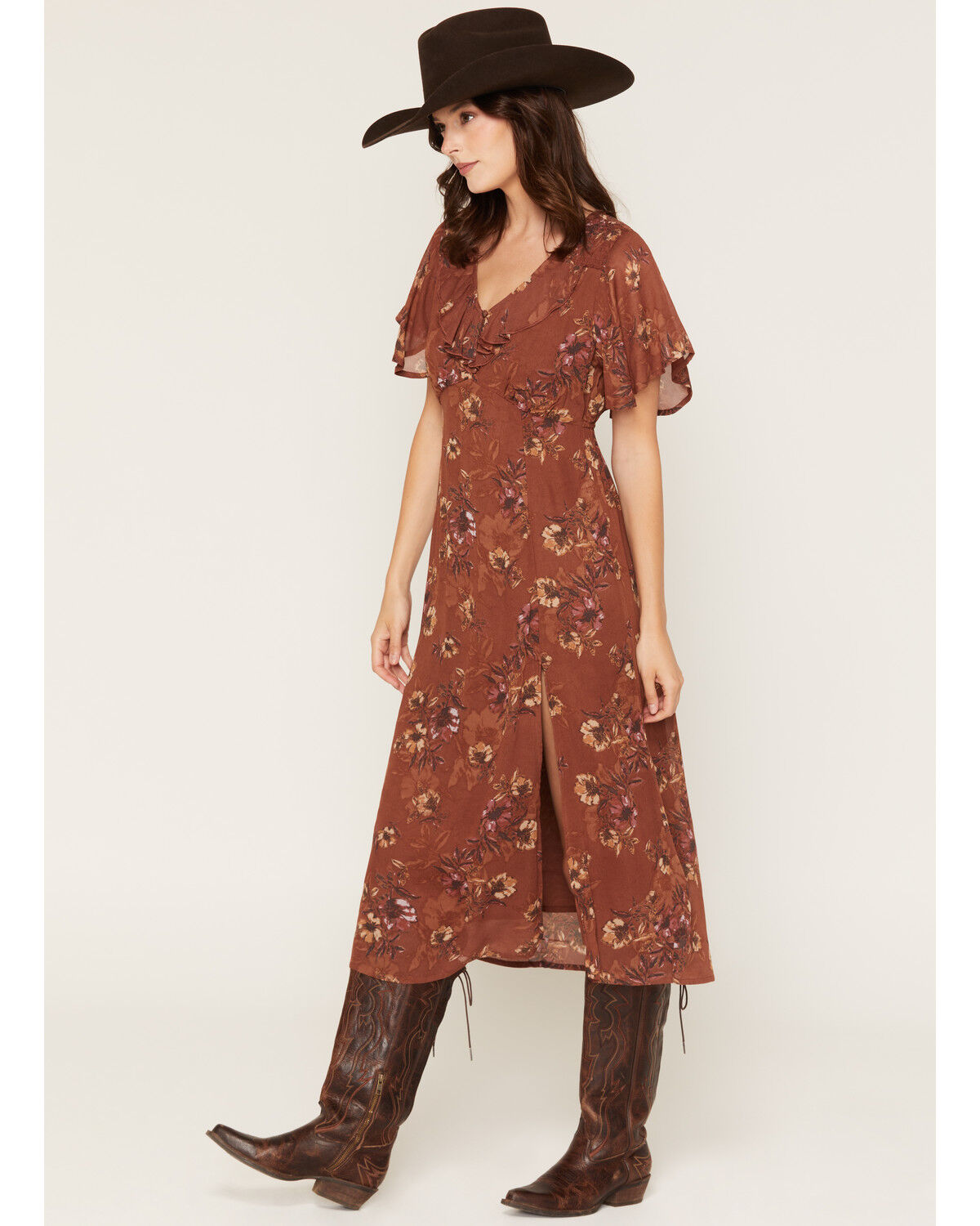 Shyanne Women's Renee Floral Print Short Sleeve Midi Dress, Bark, hi-res