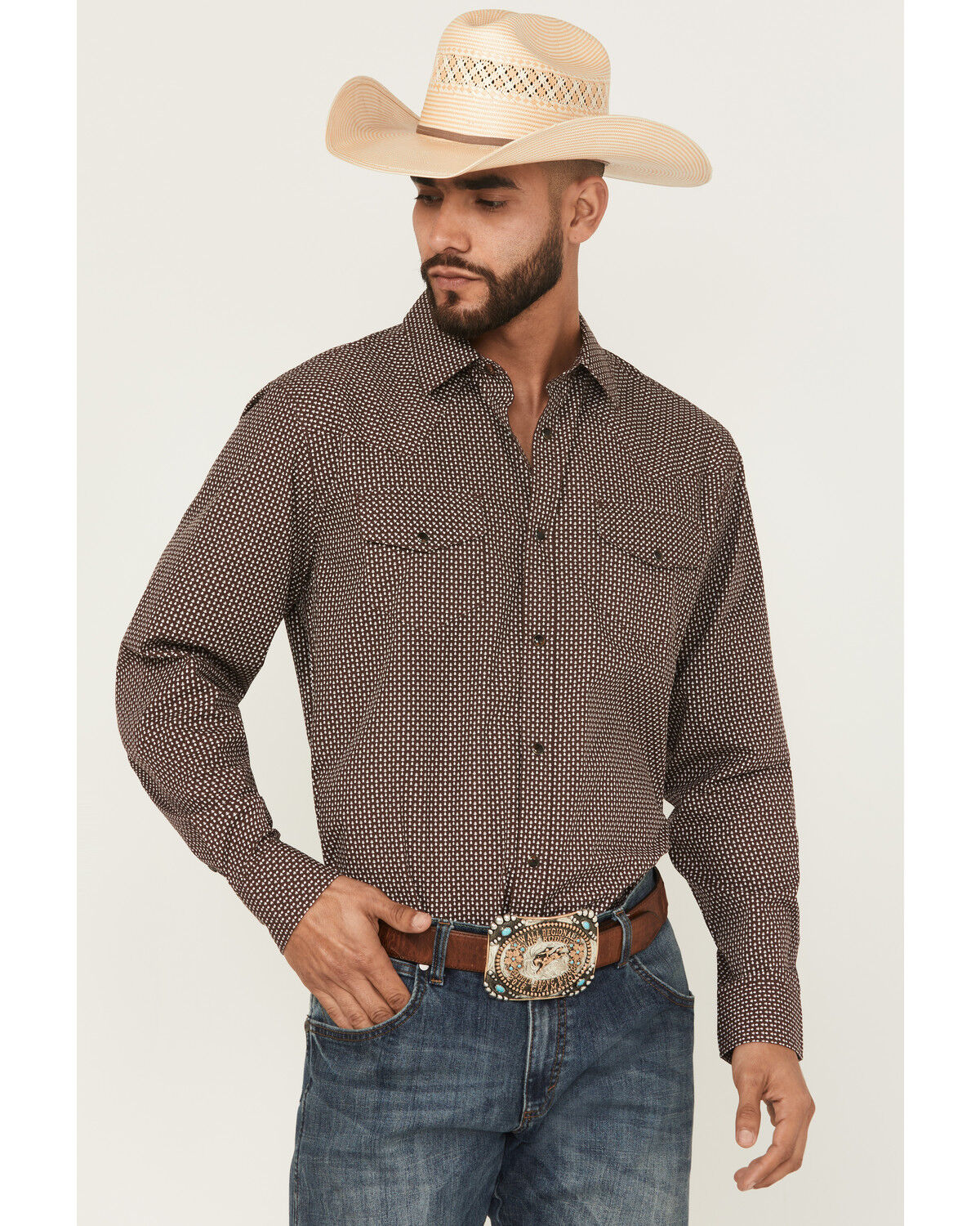 Gibson Trading Co Men's Mud Hole Geo Print Long Sleeve Snap Western Shirt, Brown, hi-res