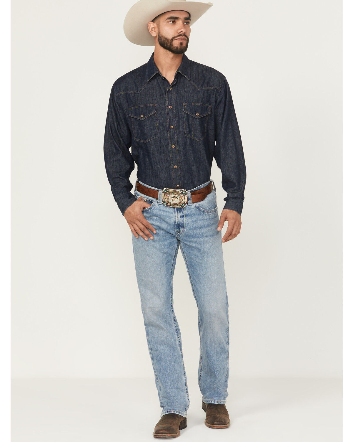 Image #1 - Ariat Men's M2 Flynn Cameron Light Wash Relaxed Bootcut Stretch Denim Jeans, Light Wash, hi-res