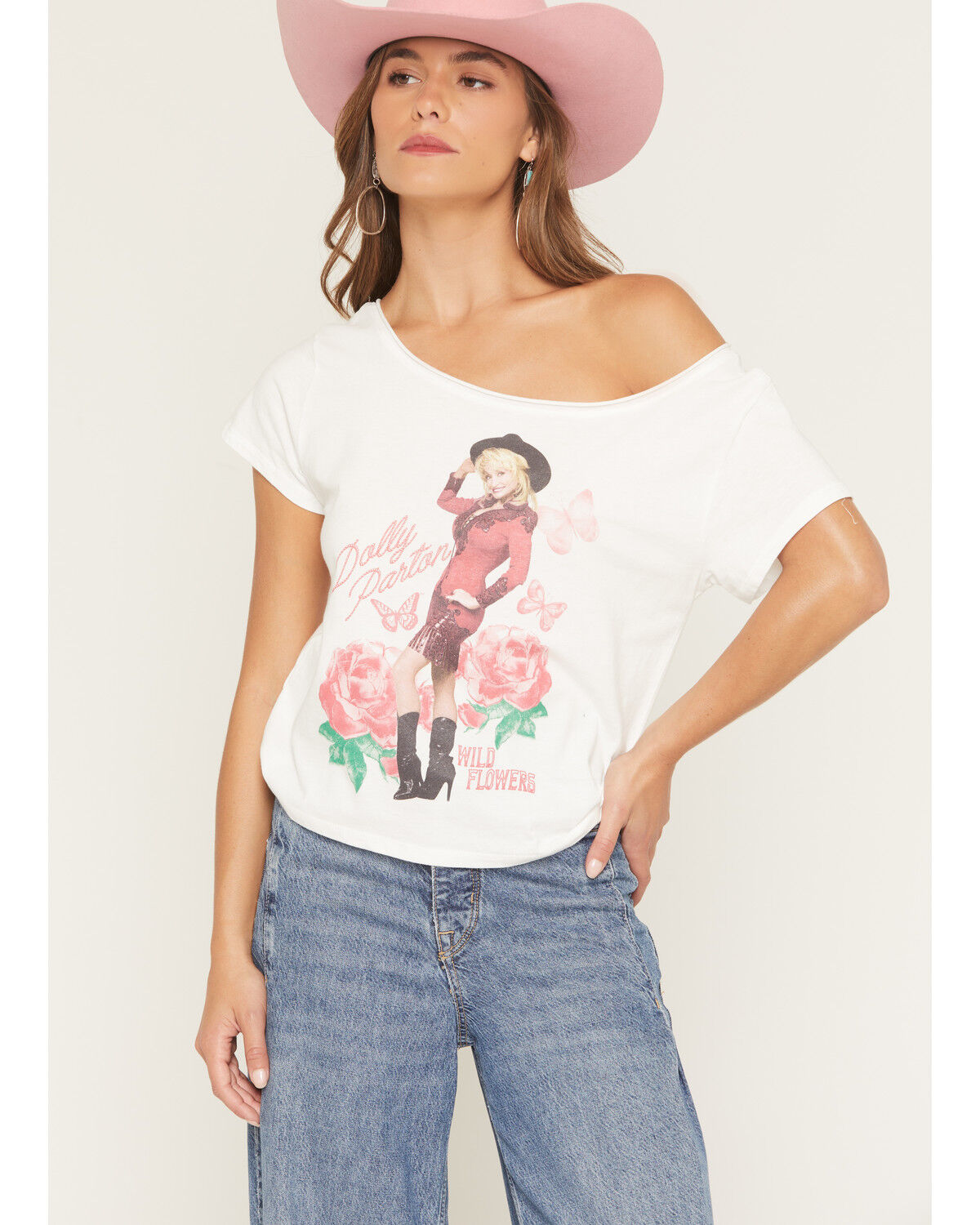 Goodie Two Sleeves Women's Dolly Rose Off The Shoulder Short Sleeve Tee, White, hi-res