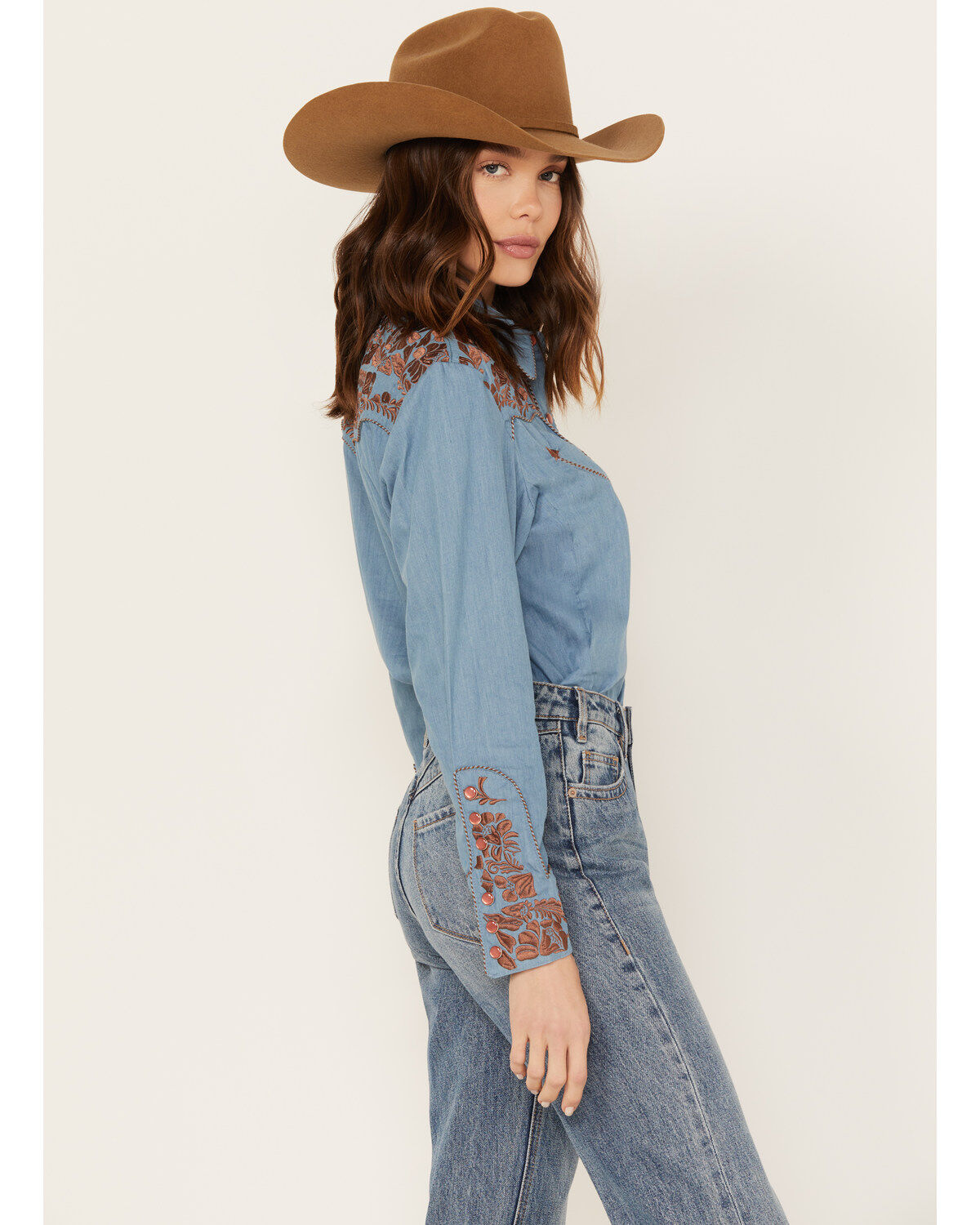 Image #2 - Scully Women's Floral Embroidered Long Sleeve Western Shirt, Blue, hi-res