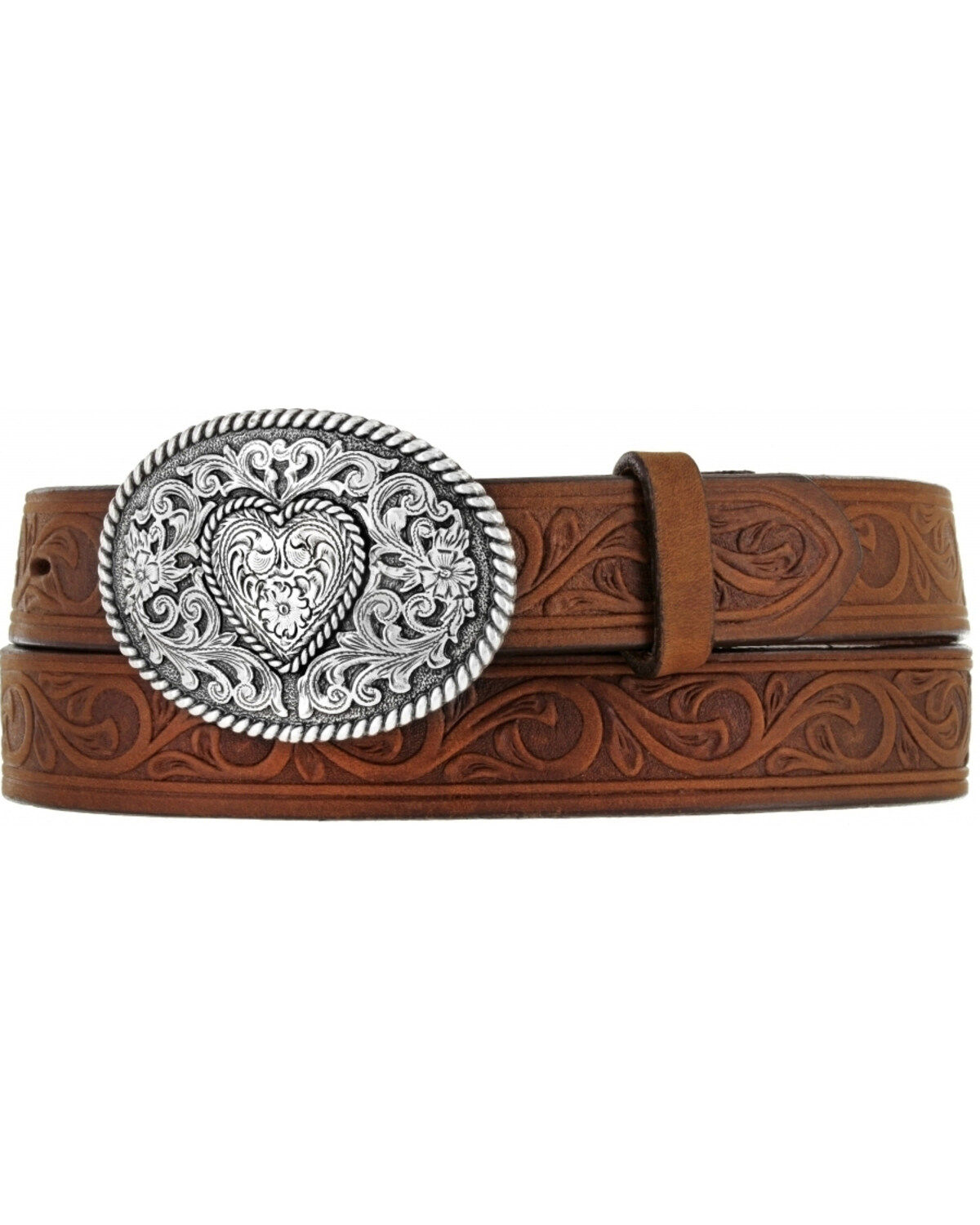 Justin Boots Girl's Western Scroll Heart Belt, Aged Bark, hi-res
