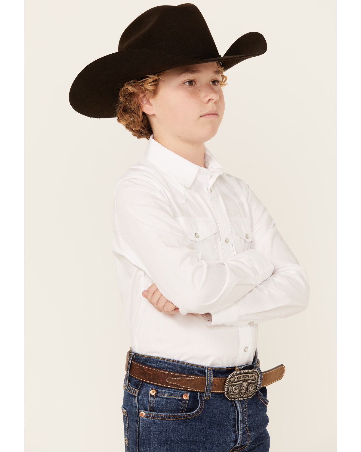 Image #2 - Gibson Trading Co Boys' Solid Long Sleeve Pearl Snap Western Shirt, White, hi-res