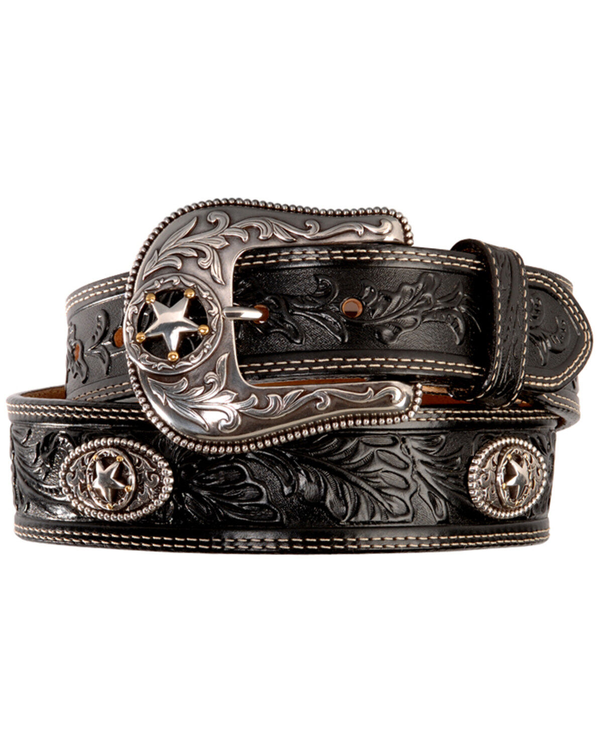 Justin Men's Black Silver Stars Embossed Belt, Black, hi-res