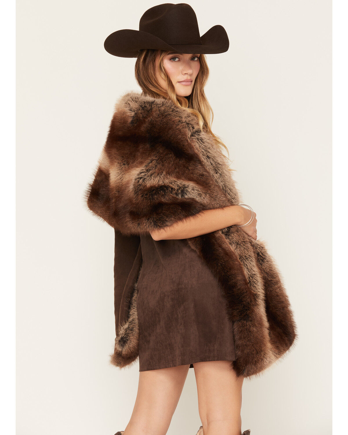 Image #4 - Azalea Wang Women's Starlet Faux Fur Wrap, Brown, hi-res