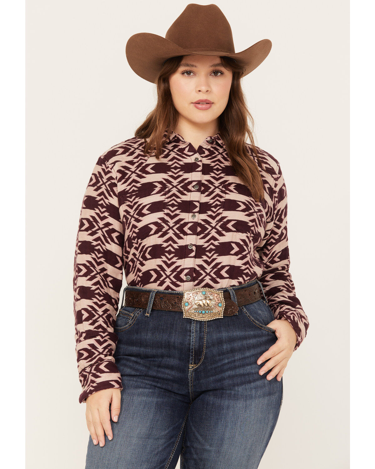 Image #1 - Ariat Women's Billie Jean Southwestern Jacquard Long Sleeve Button-Down Shirt - Plus, Purple, hi-res