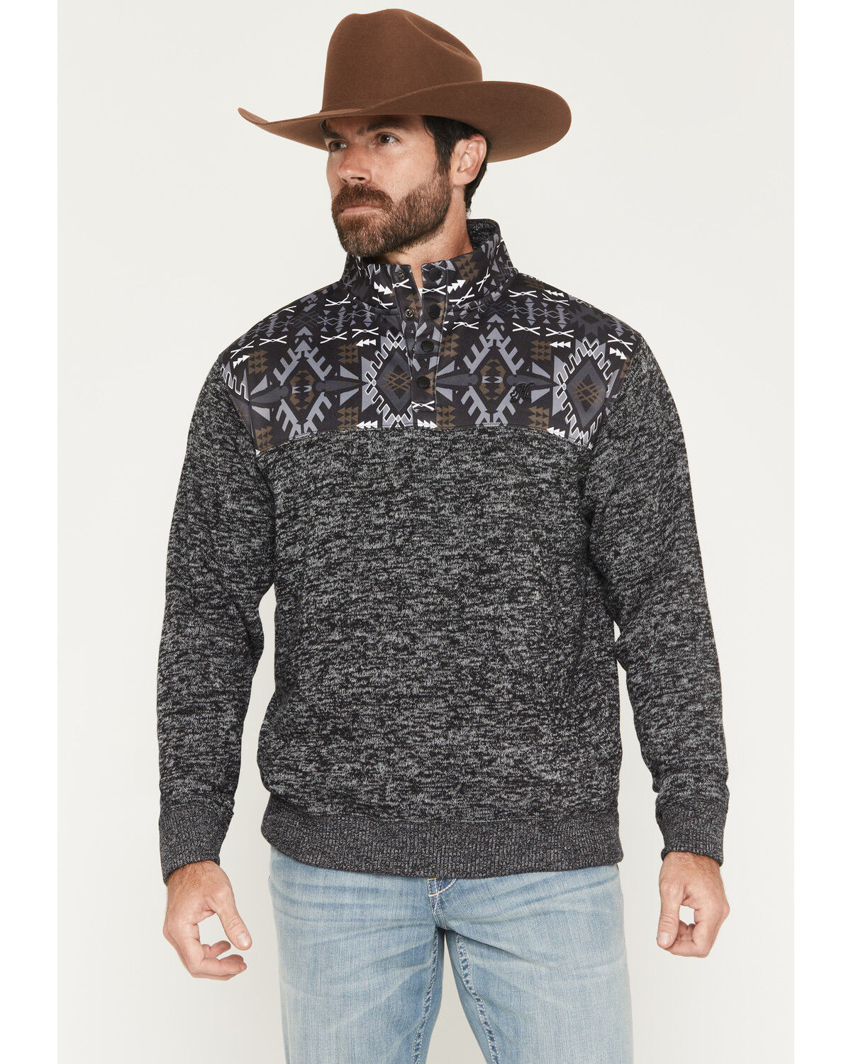 Image #1 - Hooey Men's Stevie Colorblock Southwestern Print 1/4 Snap Pullover, Black, hi-res
