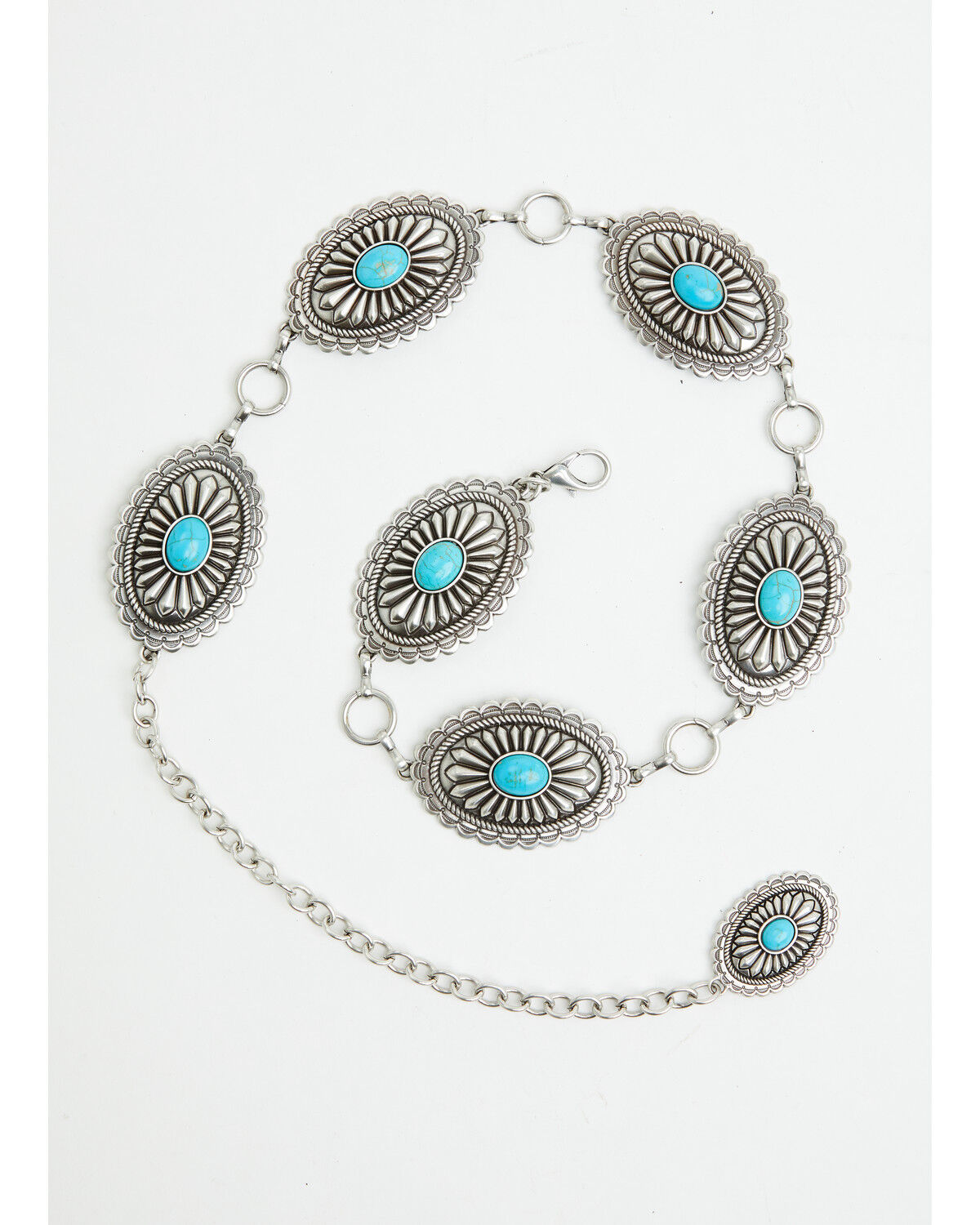 Image #1 - Ariat Women's Oval Turquoise Concho Chain Belt, Silver, hi-res
