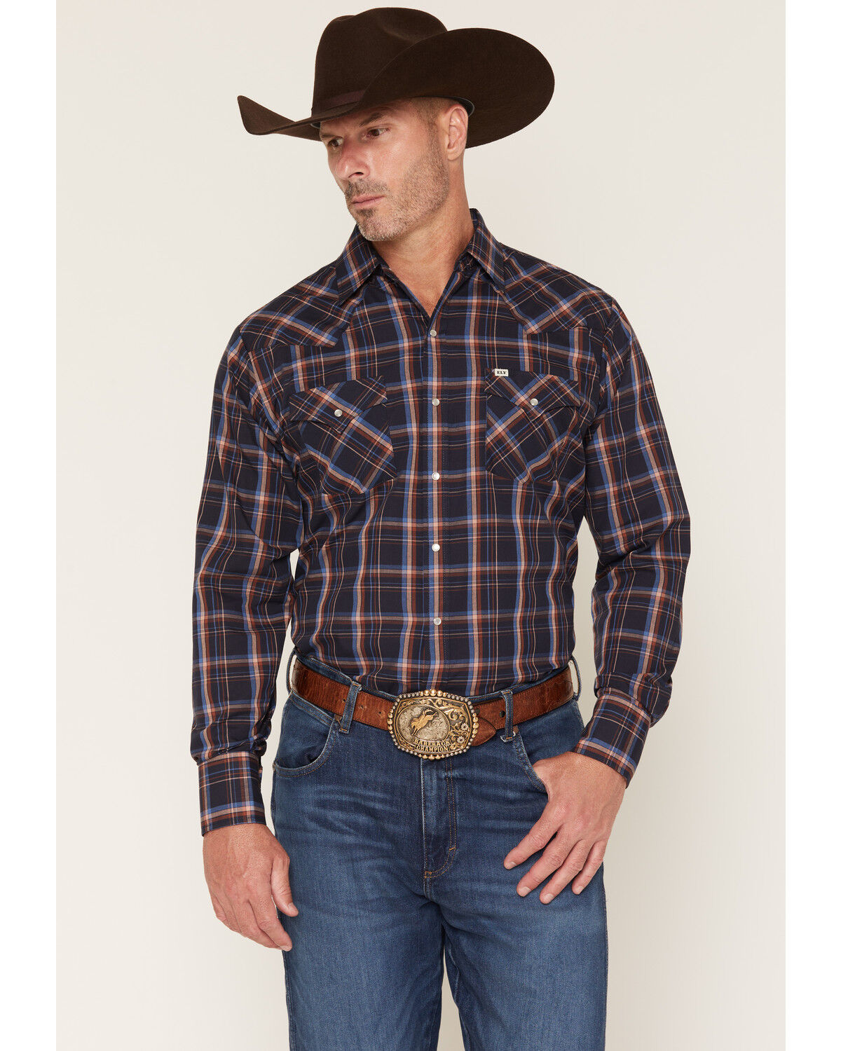 Image #1 - Ely Walker Men's Plaid Print Long Sleeve Pearl Snap Western Shirt, Navy, hi-res