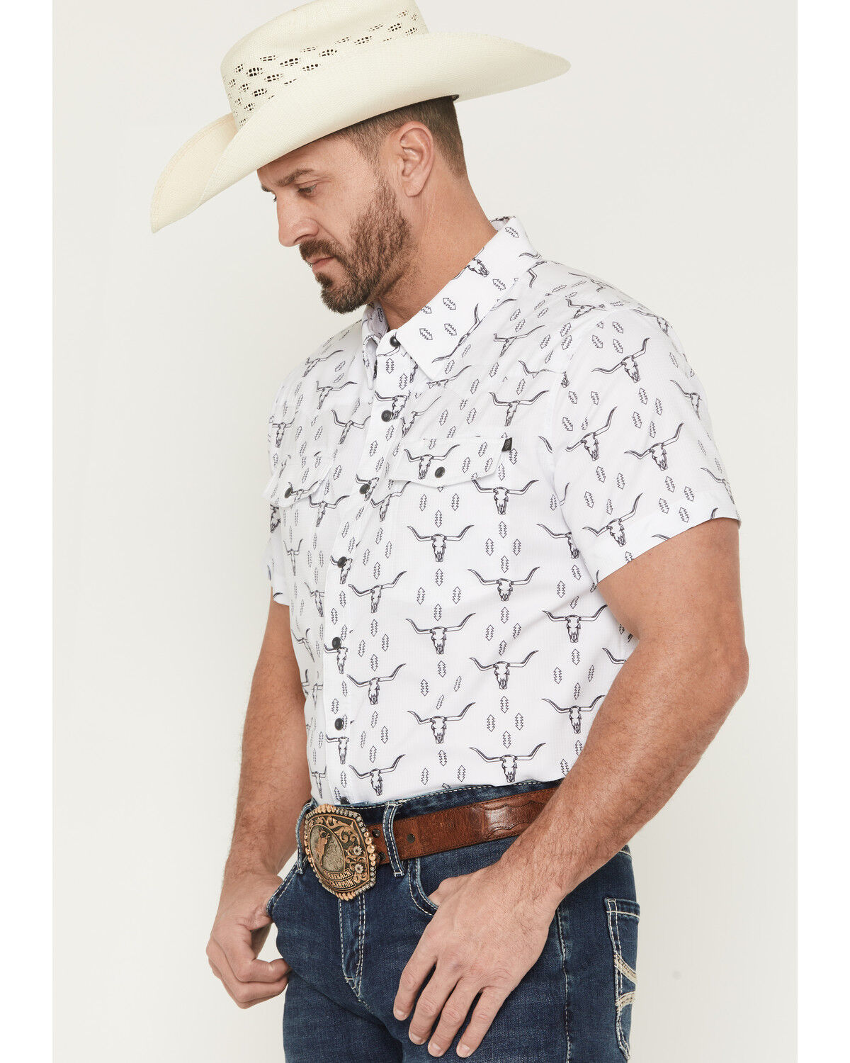 Image #2 - Rock & Roll Denim Men's TEK Steer Skull Short Sleeve Snap Stretch Western Shirt, , hi-res