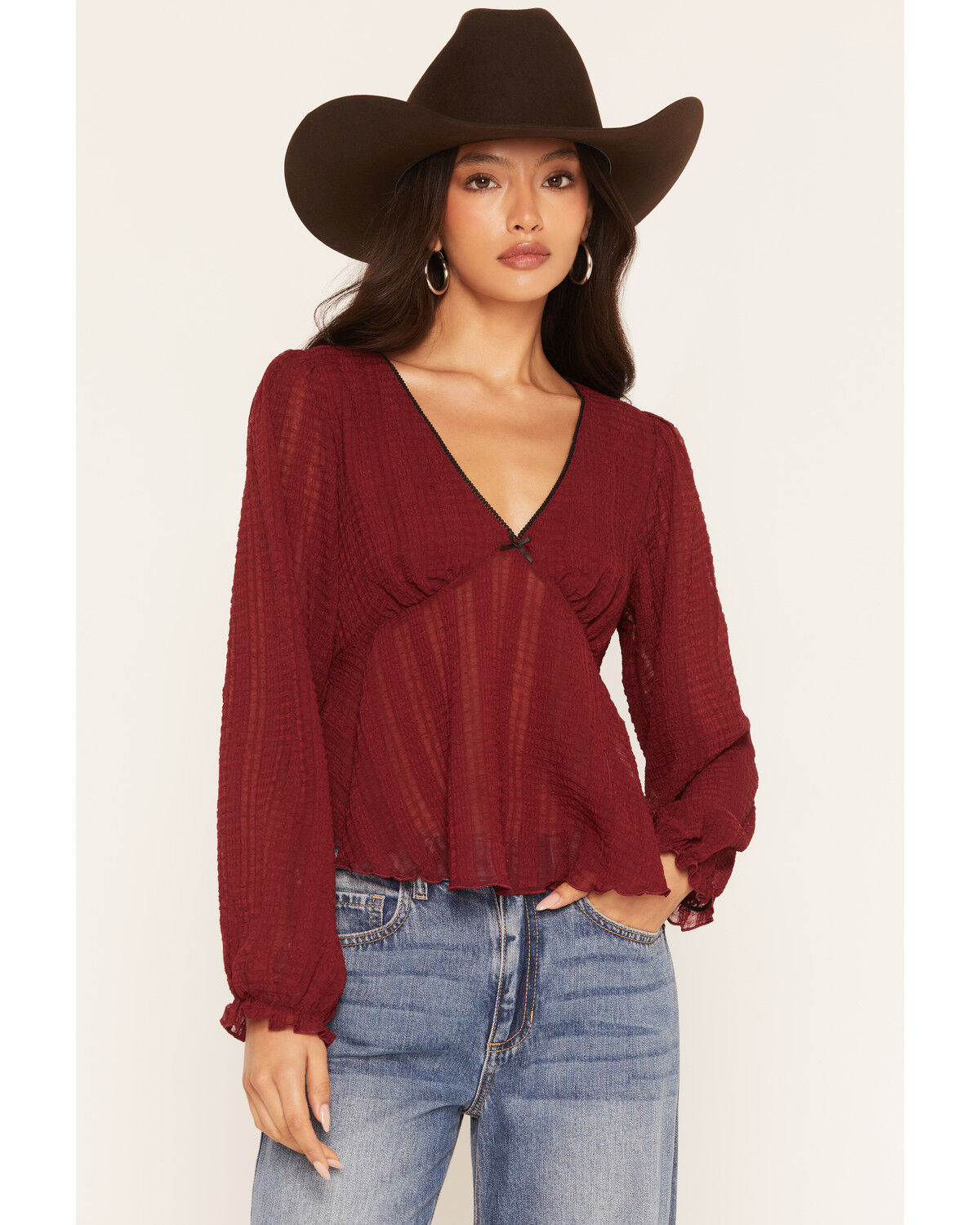 Image #1 - Wonderwest Women's Long Sleeve Bow Trim Top, Dark Red, hi-res