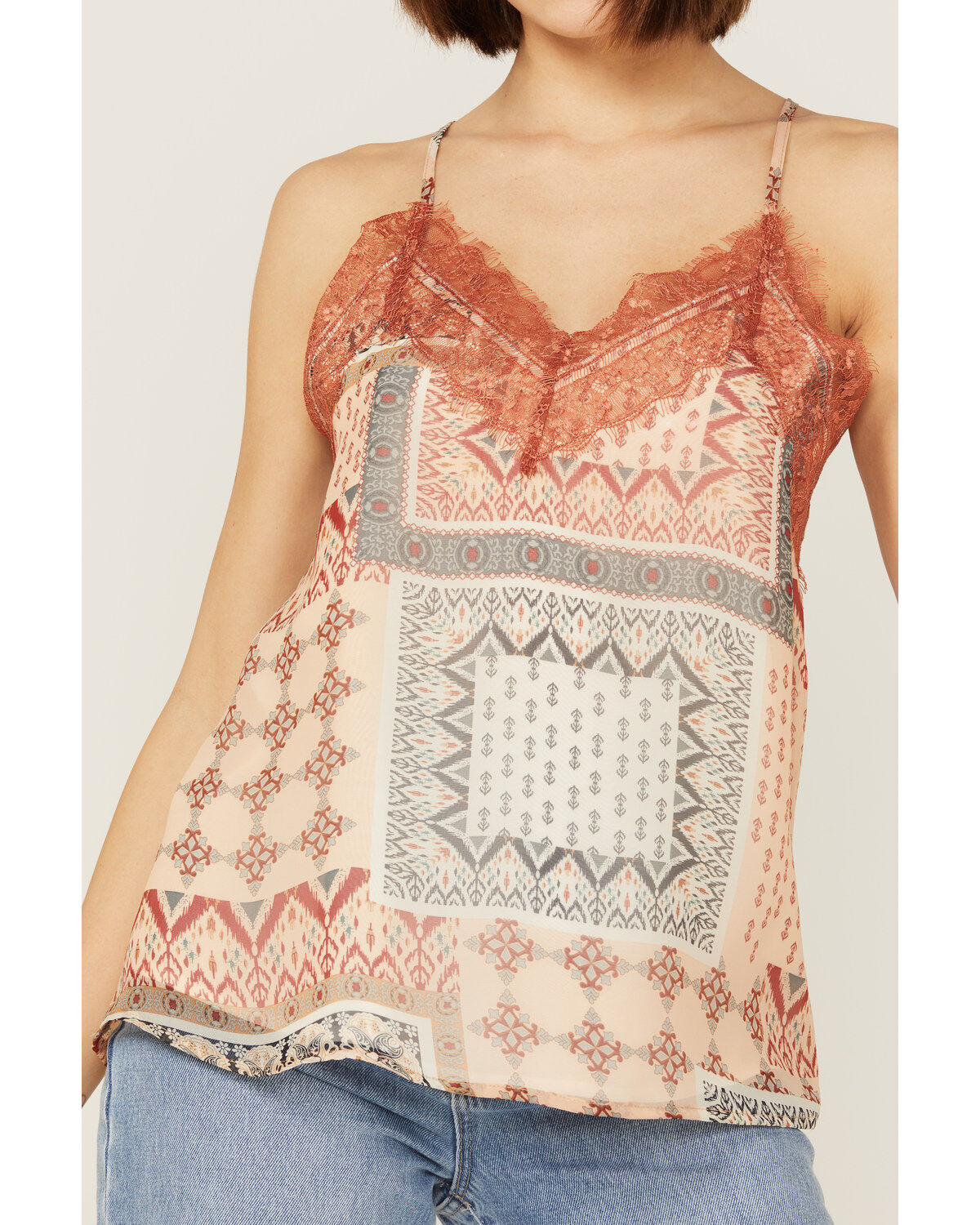 Image #2 - Miss Me Women's Patchwork Lace Cami, Rust Copper, hi-res