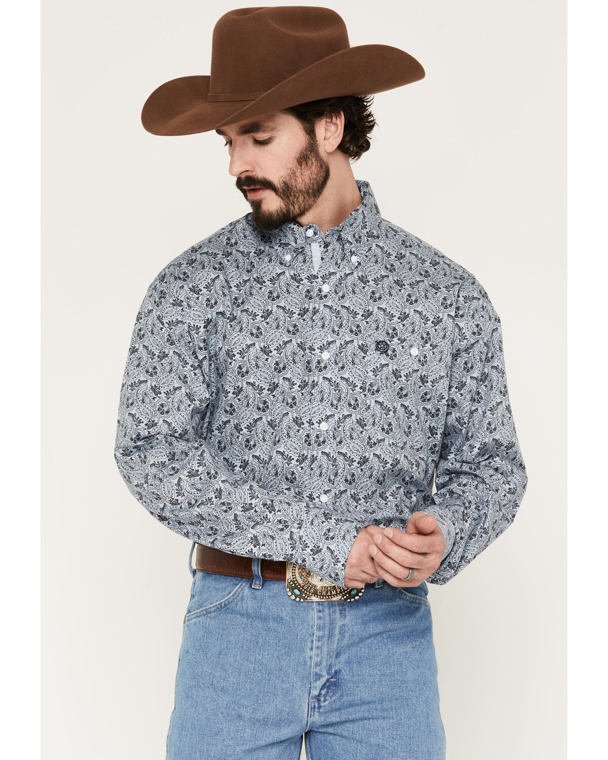 Image #1 - George Strait by Wrangler Men's Paisley Print Long Sleeve Button-Down Stretch Western Shirt, Blue, hi-res