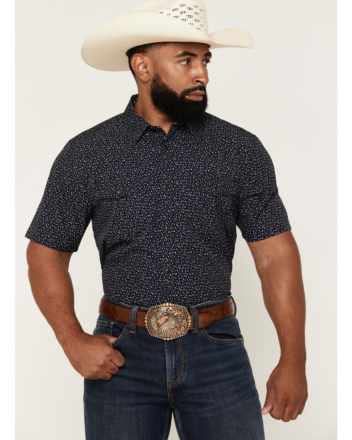 RANK 45&reg; Men's RODEOTEK&trade; 2.0 8 Spec Geo Print Short Sleeve Snap Stretch Performance Shirt, Black, hi-res