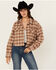Image #1 - Miss Me Women's Plaid Print Button-Down Cropped Shacket, Brown, hi-res