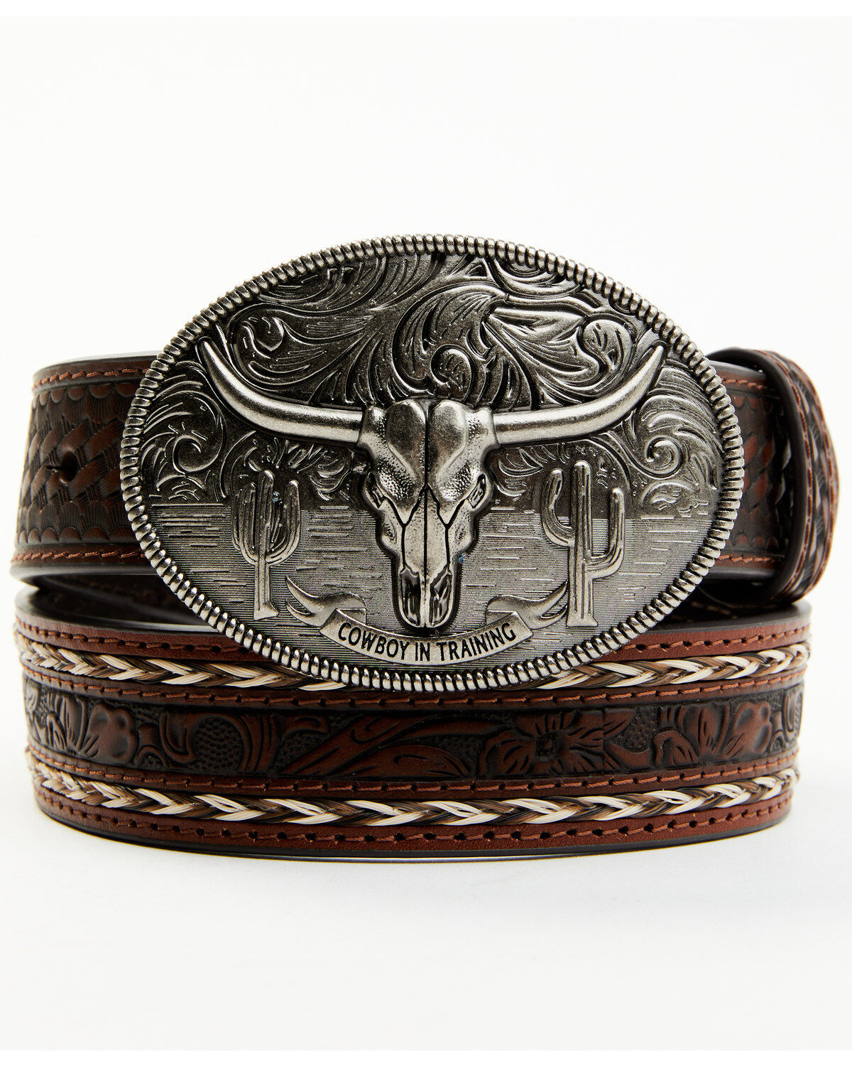Cody James Boys' Longhorn Tooled Belt, Brown, hi-res