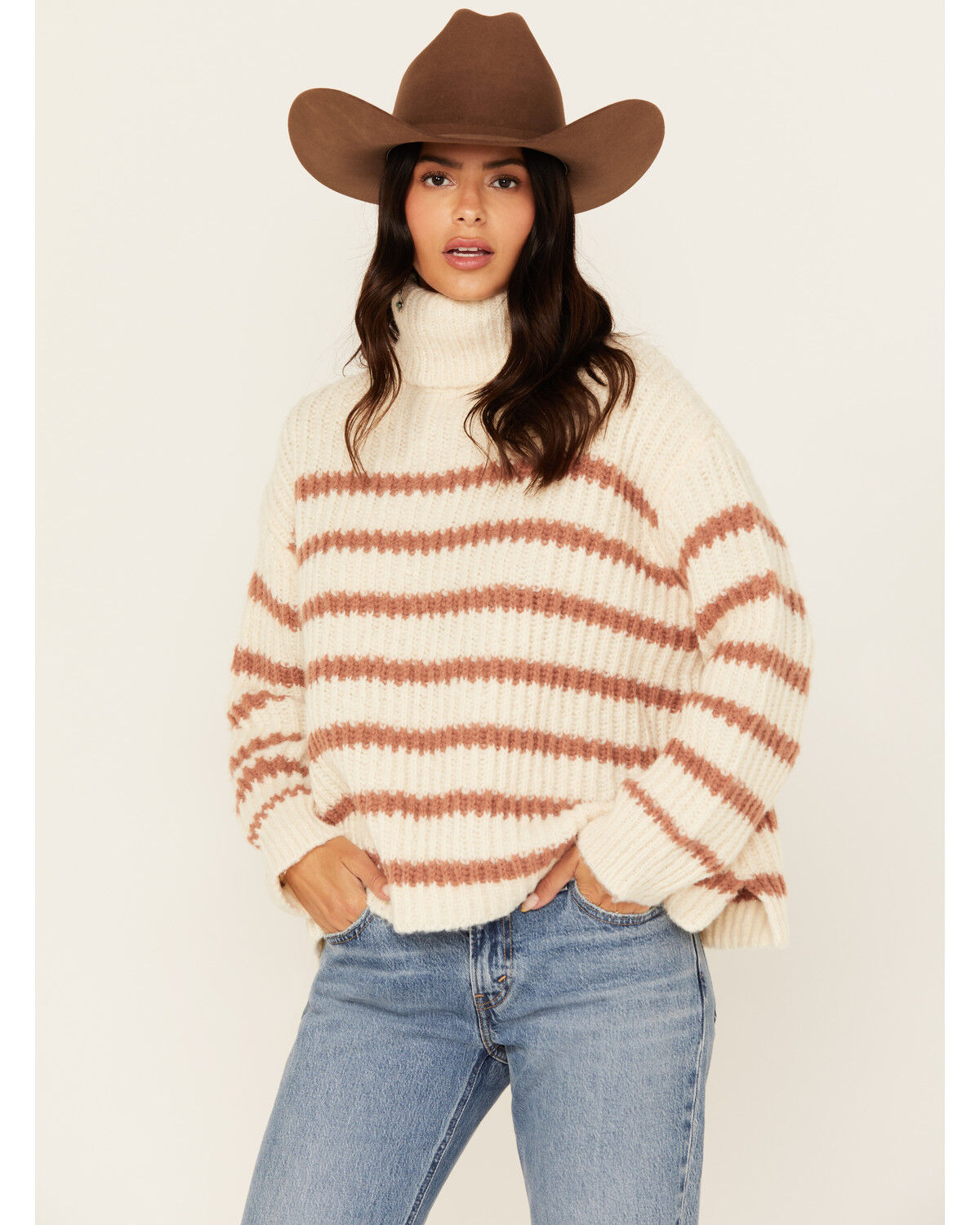 Image #1 - Sadie & Sage Women's Striped Turtleneck Sweater, Ivory, hi-res