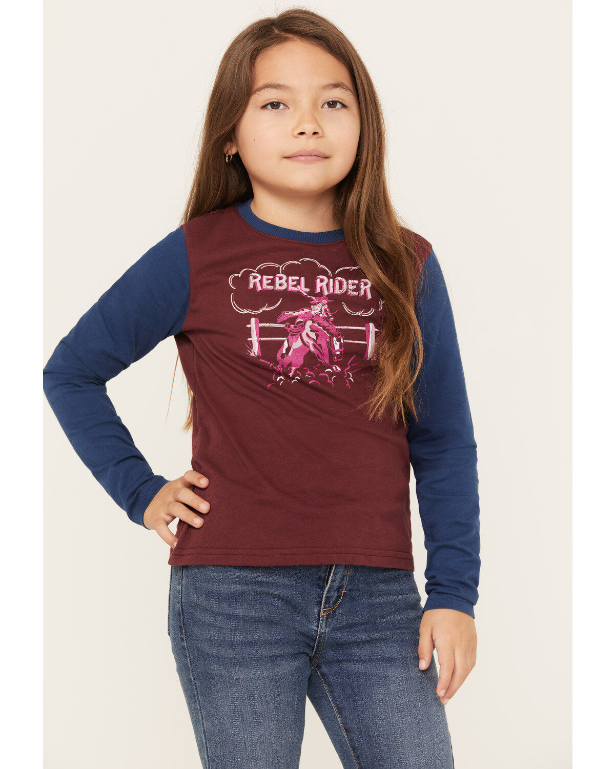 Shyanne Girls' Long Sleeve Rider Graphic Tee, Burgundy, hi-res