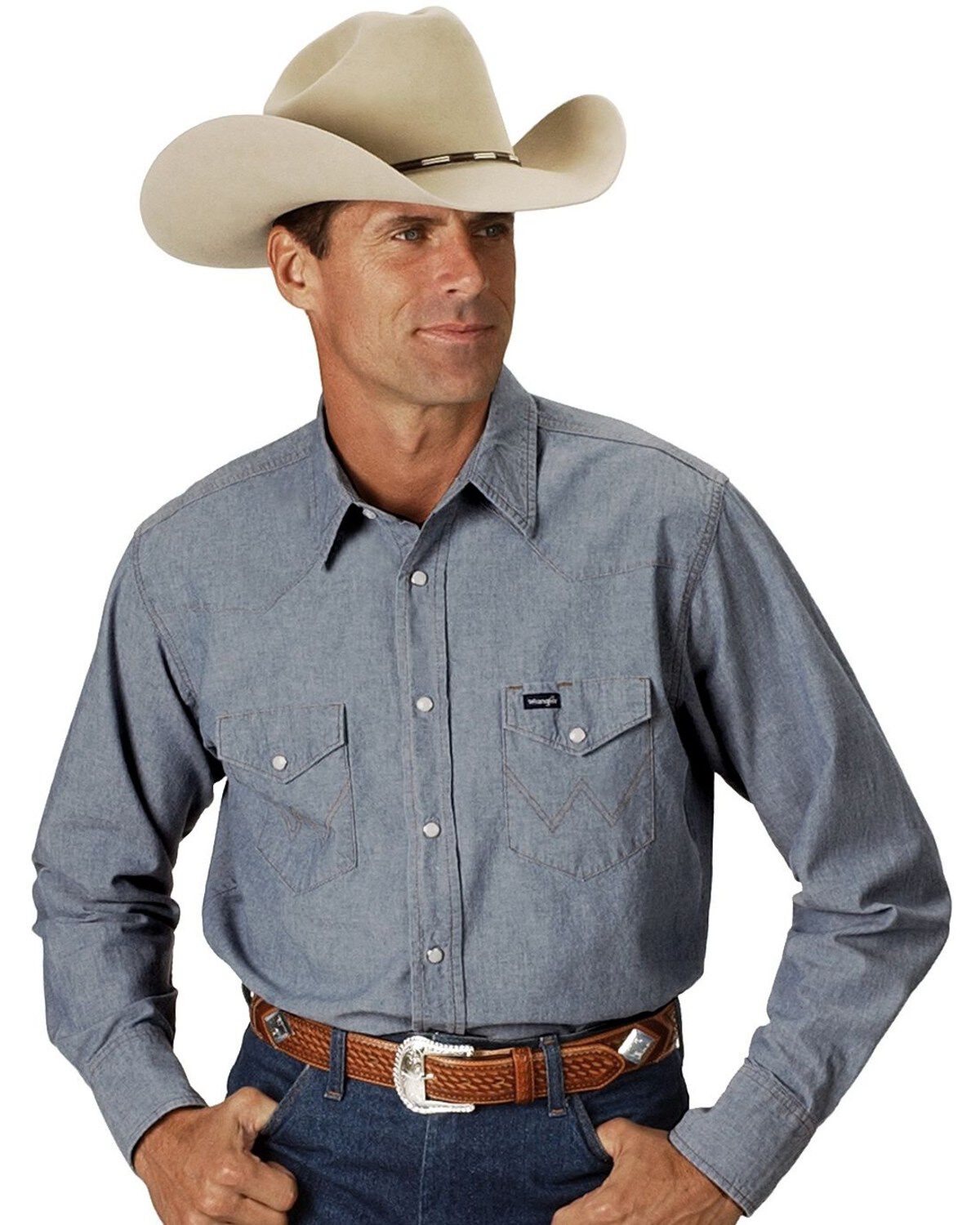 Image #1 - Wrangler Men's Authentic Cowboy Cut Denim Long Sleeve Work Shirt, Chambray, hi-res