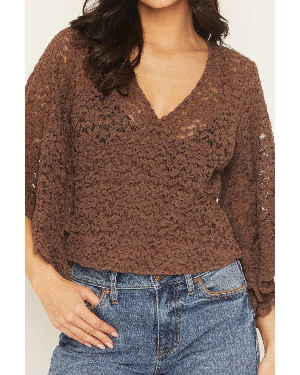 Image #3 - Shyanne Women's Wrap Front Long Sleeve Lace Top, Brown, hi-res