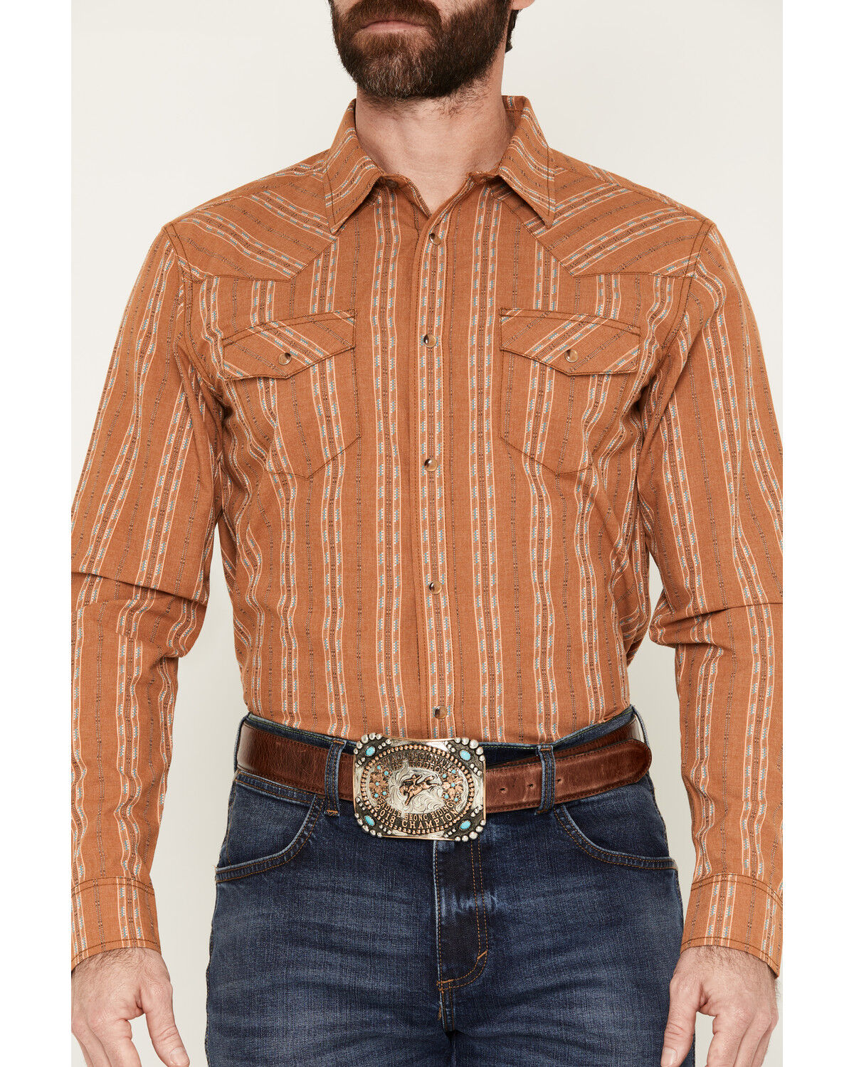Image #3 - Gibson Trading Co Men's Red Rock Striped Print Long Sleeve Snap Western Shirt, Rust Copper, hi-res