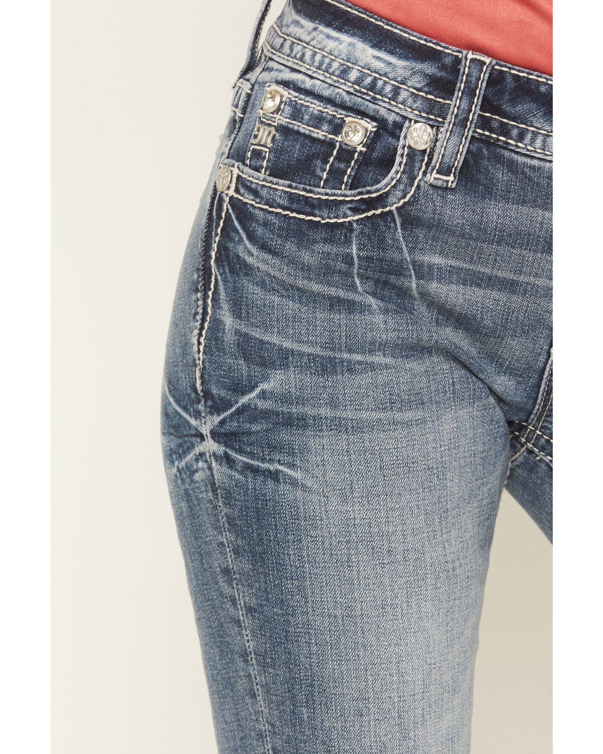 Image #4 - Miss Me Women's Medium Wash Mid Rise Cow Skull Pocket 34" Bootcut Stretch Denim Jeans, Medium Wash, hi-res