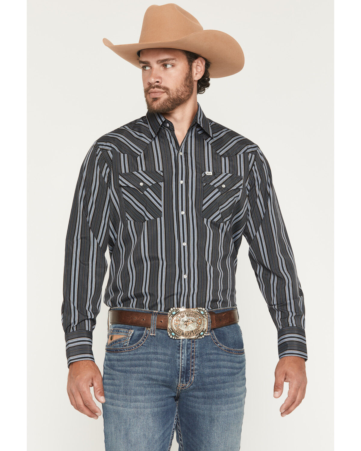 Image #1 - Ely Walker Men's Stripe Print Long Sleeve Snap Western Shirt, Black, hi-res