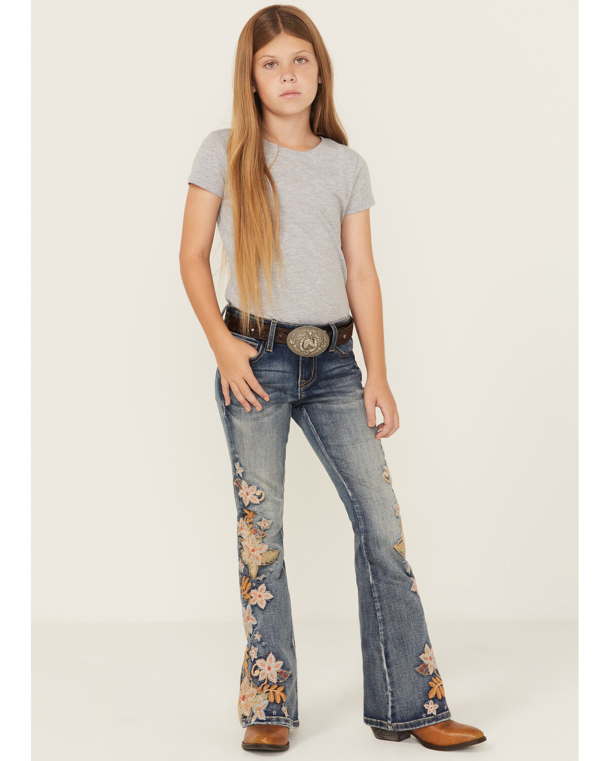 Image #1 - Grace In LA Girls' Light Wash Floral Embroidered Flare Stretch Denim Jeans, Blue, hi-res