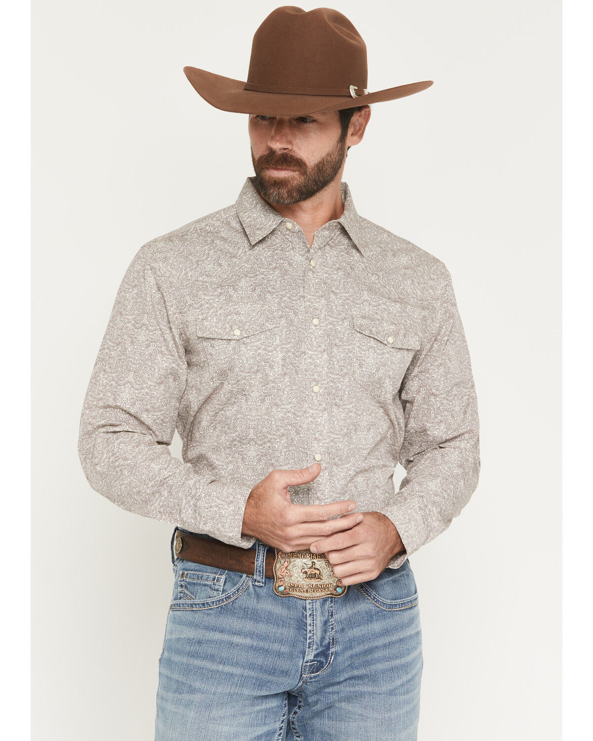 Image #1 - Gibson Trading Co Men's Mind Trap Paisley Print Long Sleeve Snap Western Shirt, Ivory, hi-res