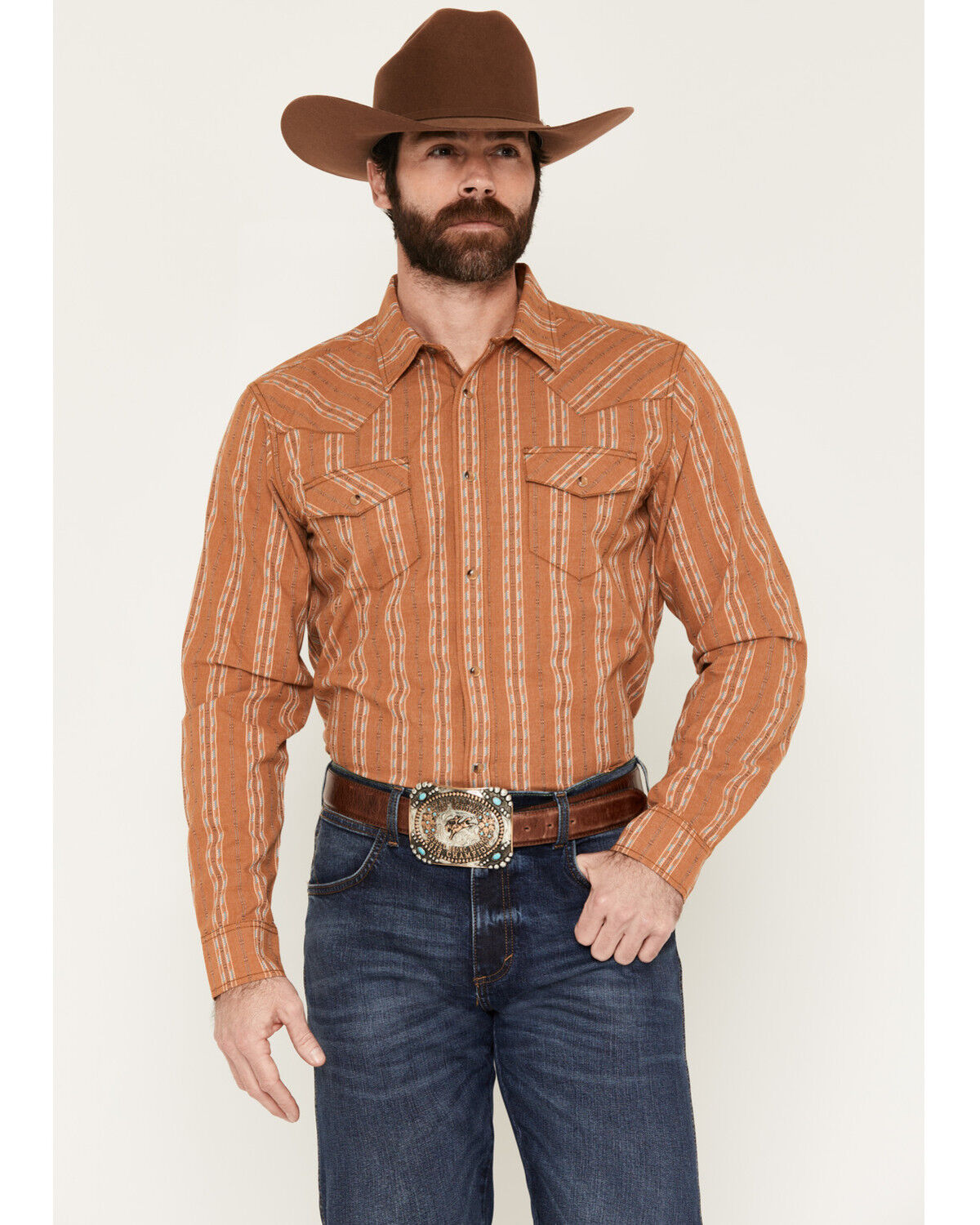 Image #1 - Gibson Trading Co Men's Red Rock Striped Print Long Sleeve Snap Western Shirt - Tall, Rust Copper, hi-res