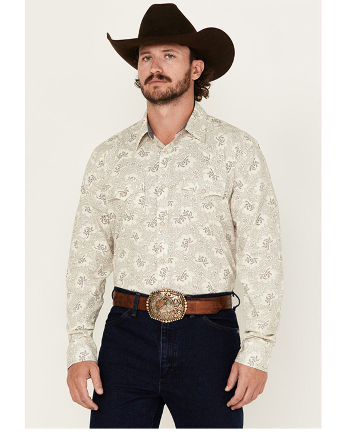Image #1 - Cody James Men's Treven Floral Print Long Sleeve Snap Western Shirt - Tall, Cream, hi-res
