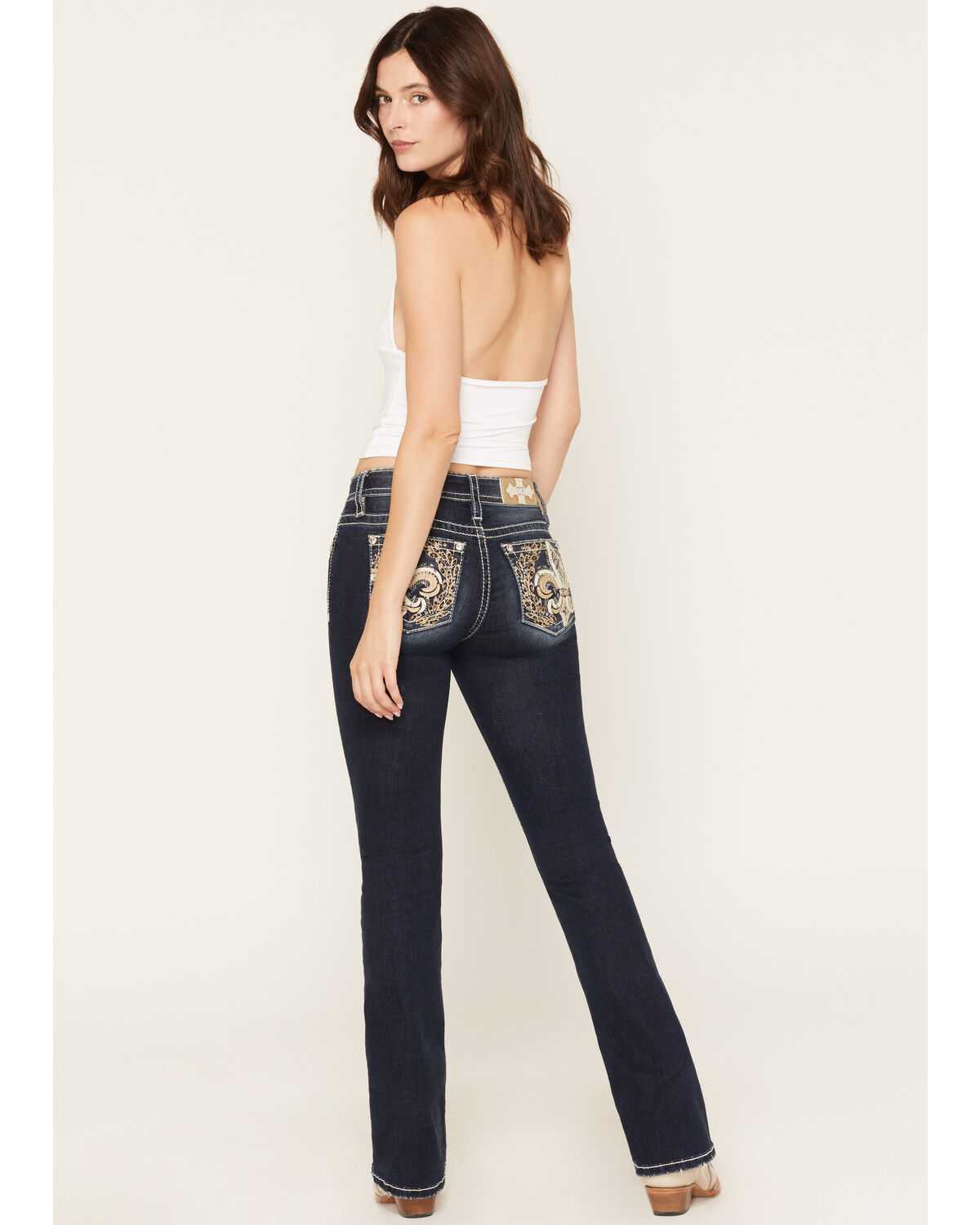 Miss Me Women's Dark Wash Mid Rise Winged Pocket 32" Bootcut Stretch Denim Jeans, Dark Wash, hi-res