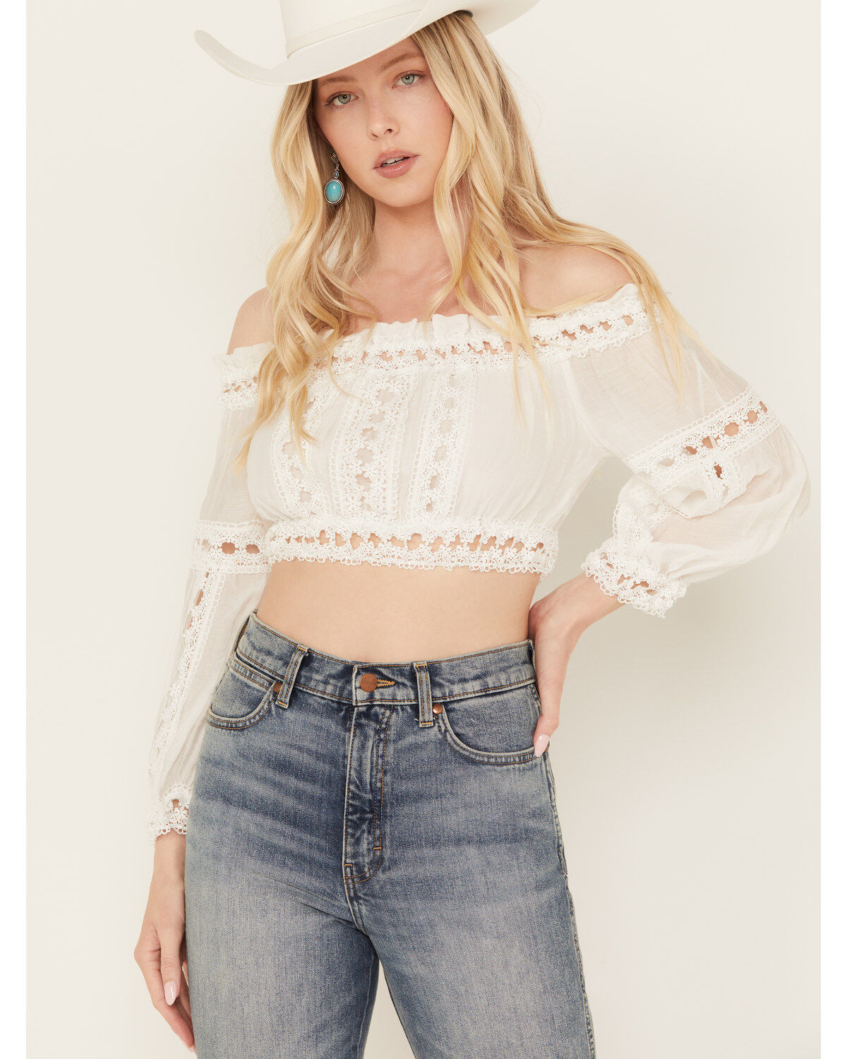 Image #1 - Revel Women's Eyelet Off The Shoulder Long Sleeve Top, White, hi-res