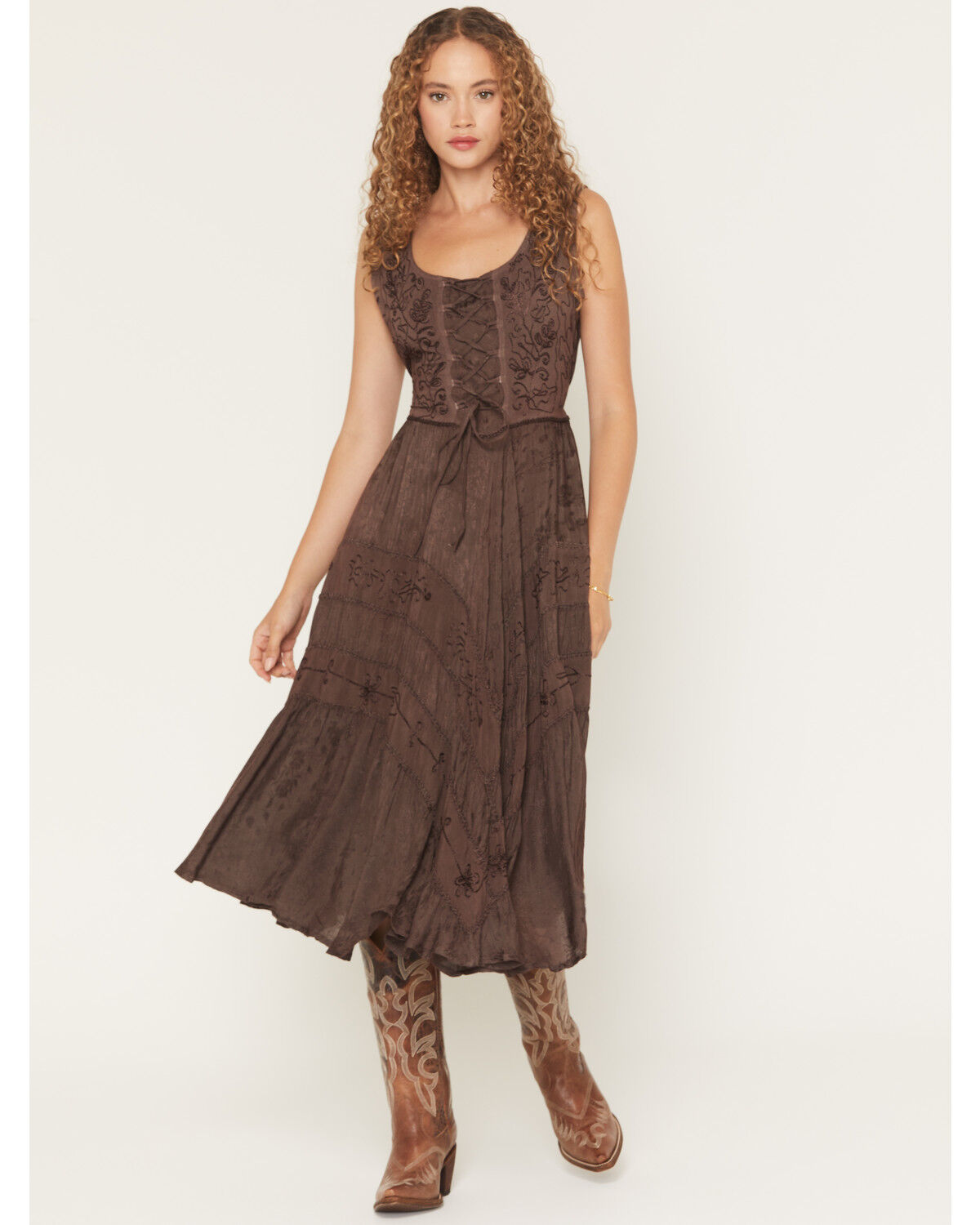 Image #1 - Scully Women's Lace-Up Jacquard Midi Dress, Brown, hi-res