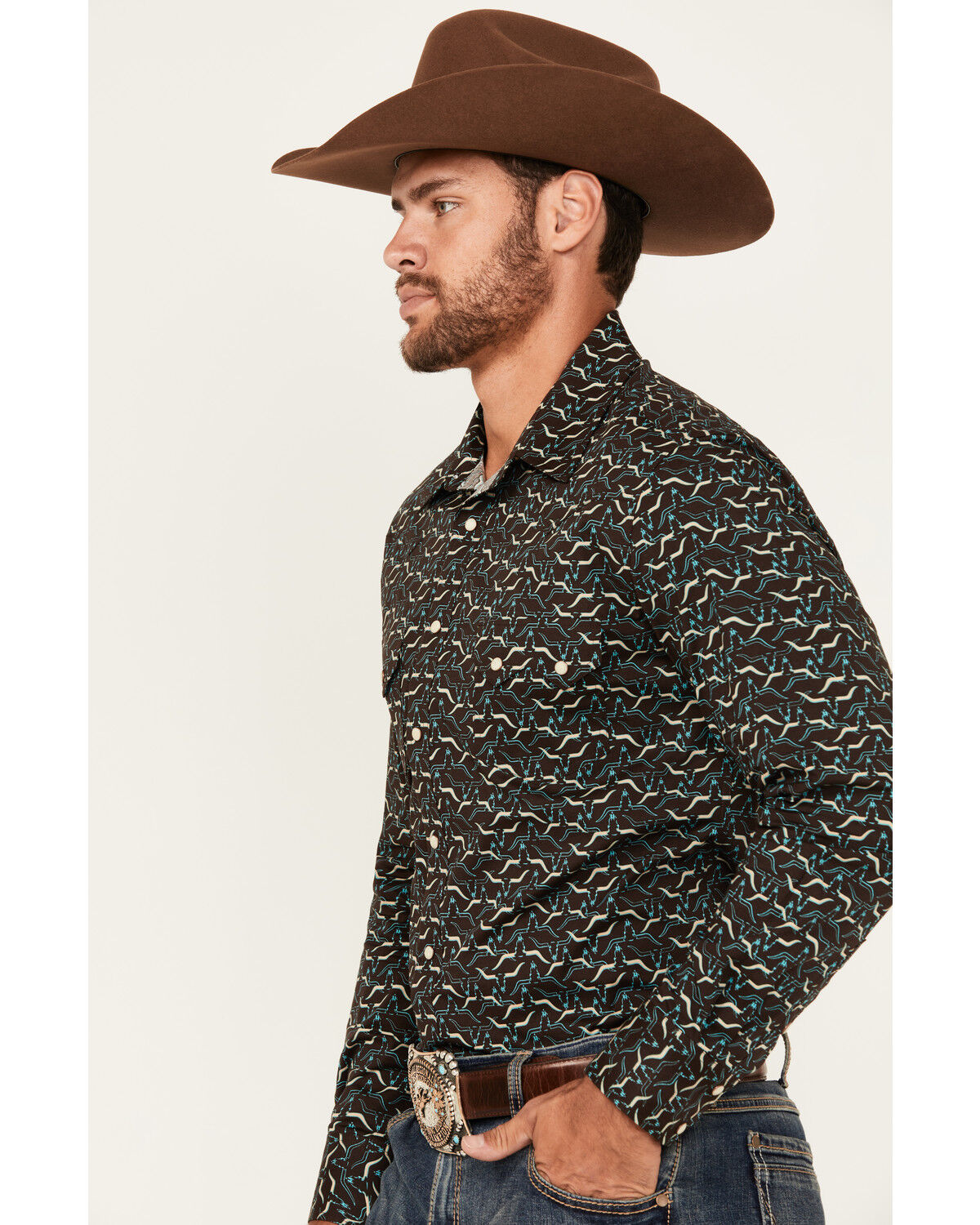 Image #2 - Rock & Roll Denim Men's Long Horn Print Long Sleeve Snap Stretch Western Shirt, Brown, hi-res