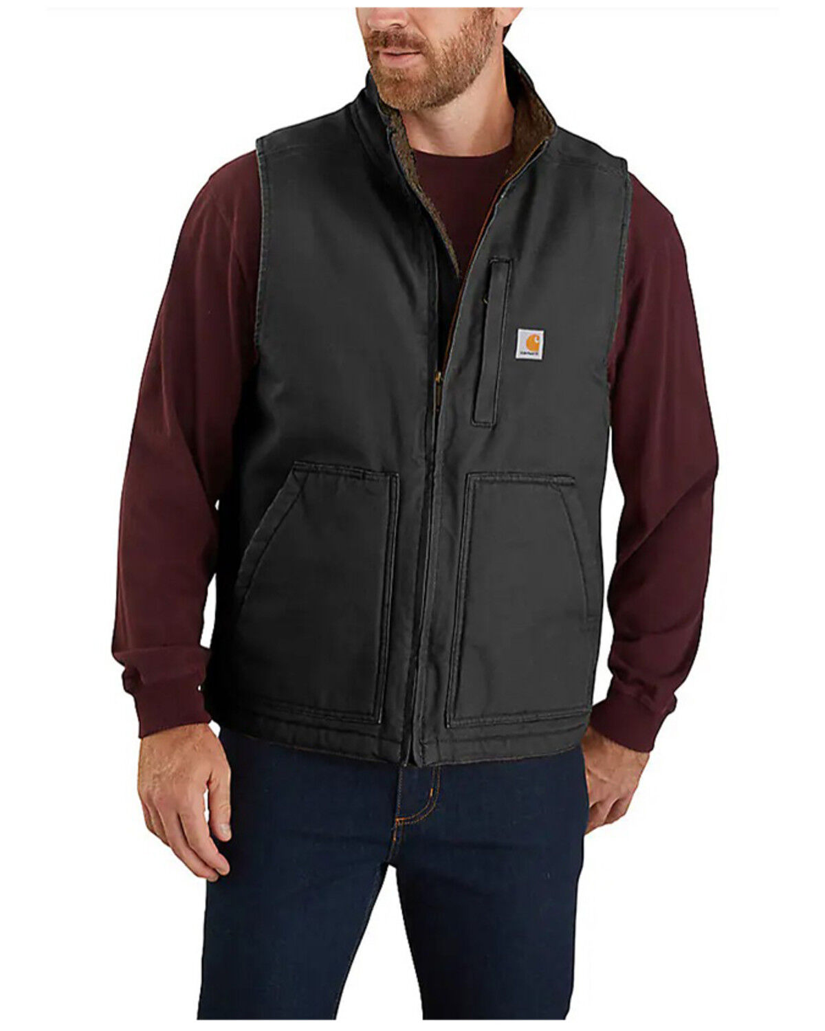 Carhartt Men's Washed Duck Sherpa Lined Mock Neck Loose Fit Work Vest, Black, hi-res