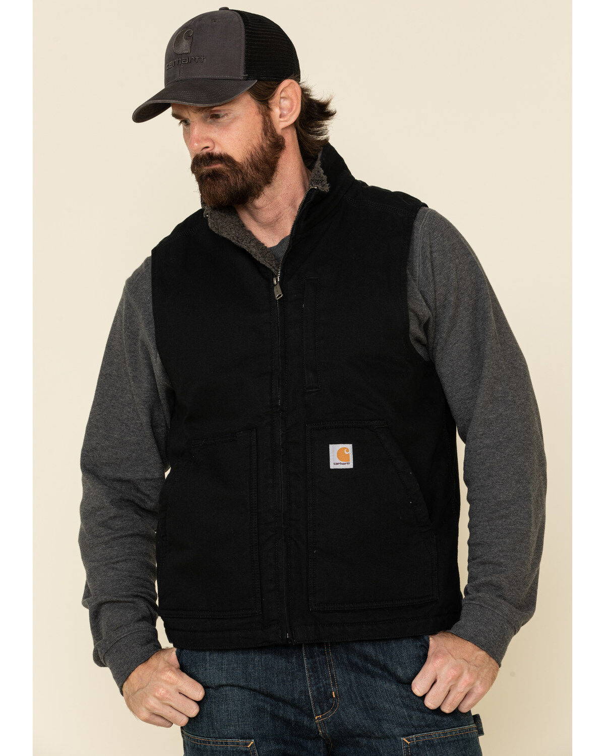 Image #1 - Carhartt Men's Black Washed Duck Sherpa Lined Mock Neck Work Vest - Big, Black, hi-res