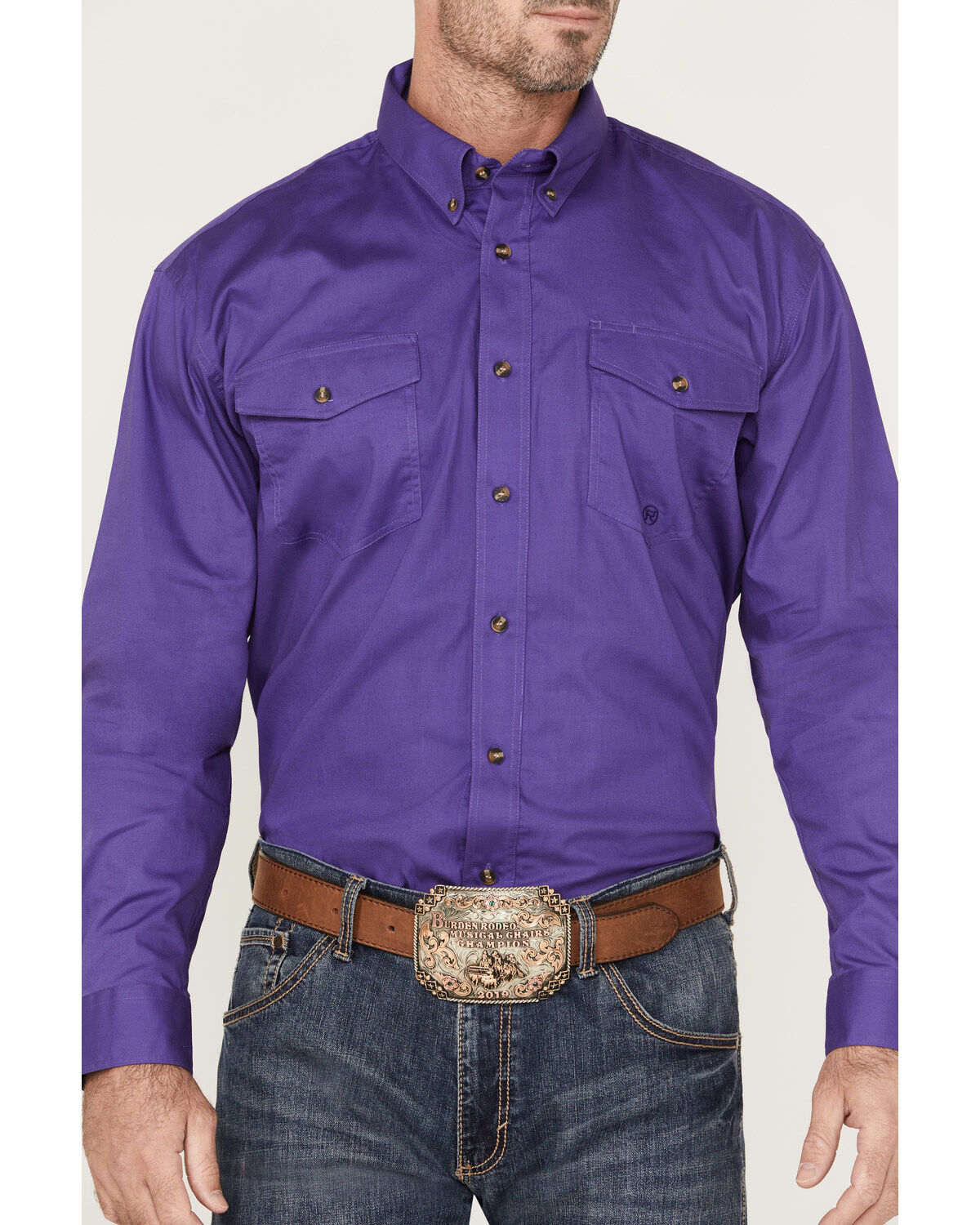 Image #3 - Roper Men's Solid Amarillo Collection Long Sleeve Button-Down Western Shirt, Purple, hi-res