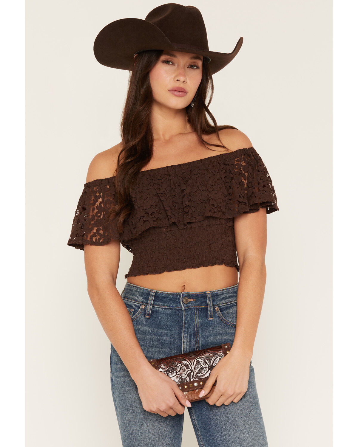 Image #2 - Shyanne Women's Loxley Cropped Lace Top, Cognac, hi-res