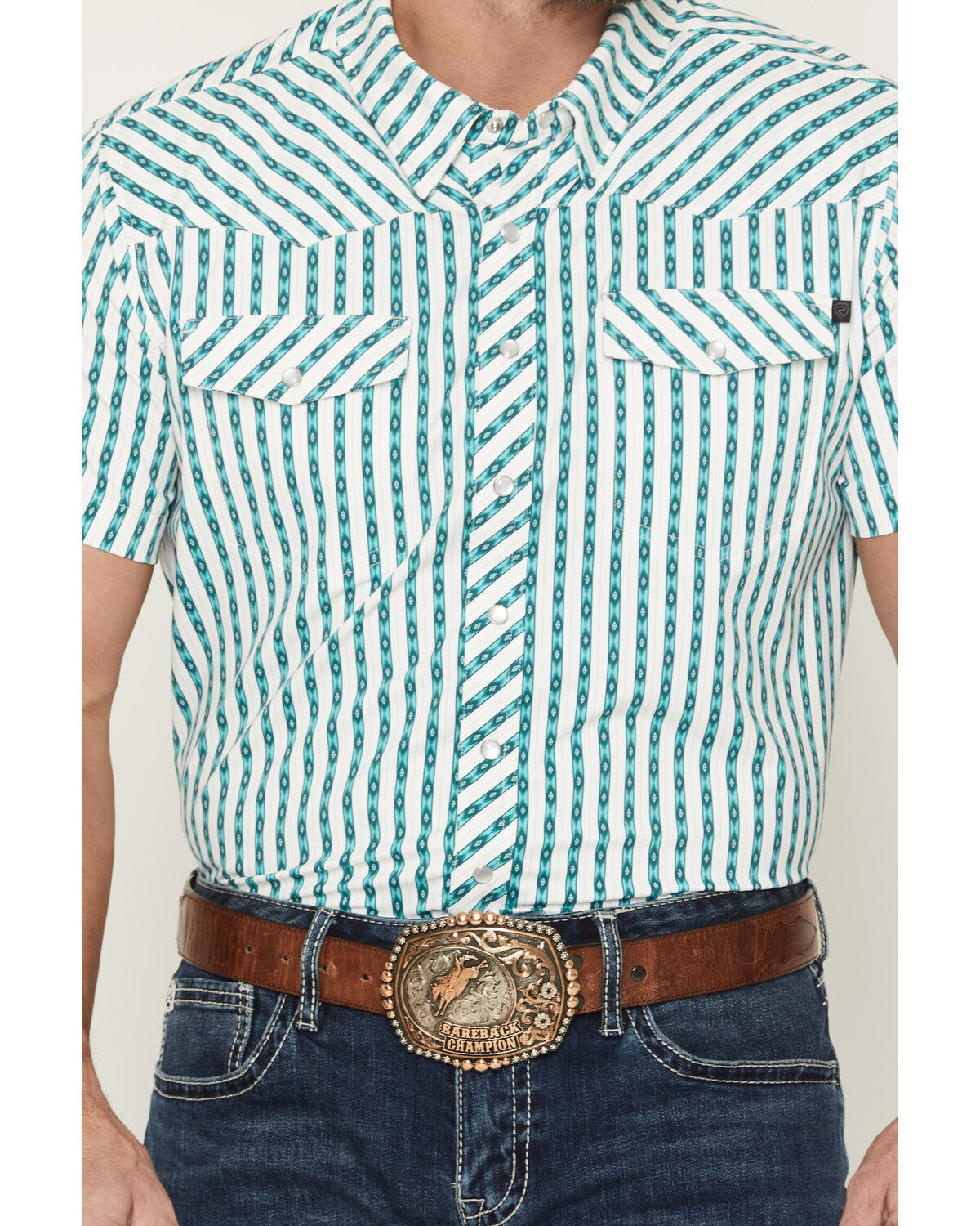 Image #3 - Rock & Roll Denim Men's TEK Core Southwestern Striped Short Sleeve Stretch Western Shirt, Turquoise, hi-res