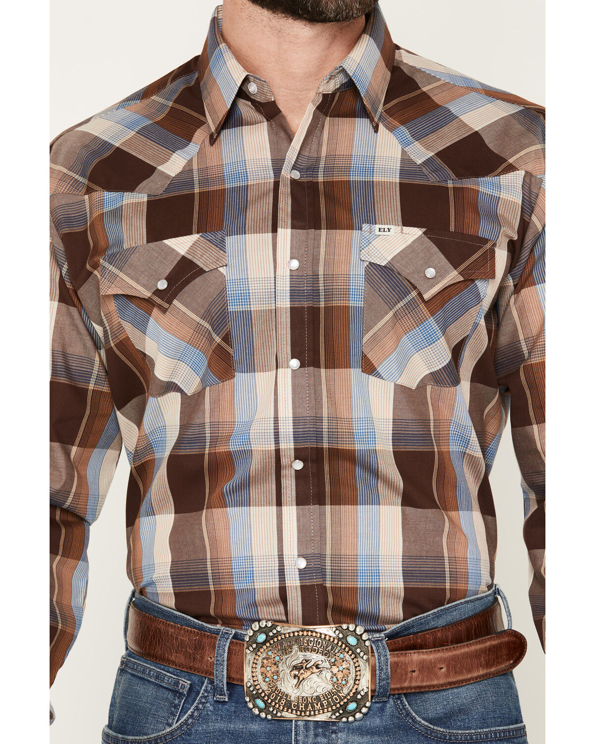 Image #3 - Ely Walker Men's Plaid Print Long Sleeve Pearl Snap Western Shirt, Chocolate, hi-res