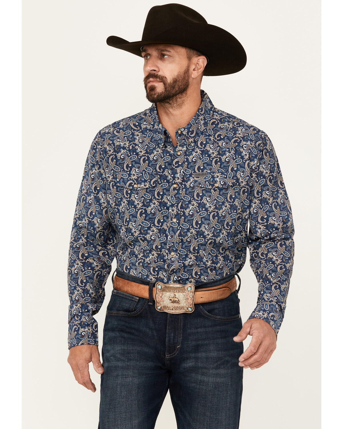 Image #1 - Panhandle Men's Paisley Print Long Sleeve Snap Performance Stretch Western Shirt, Navy, hi-res