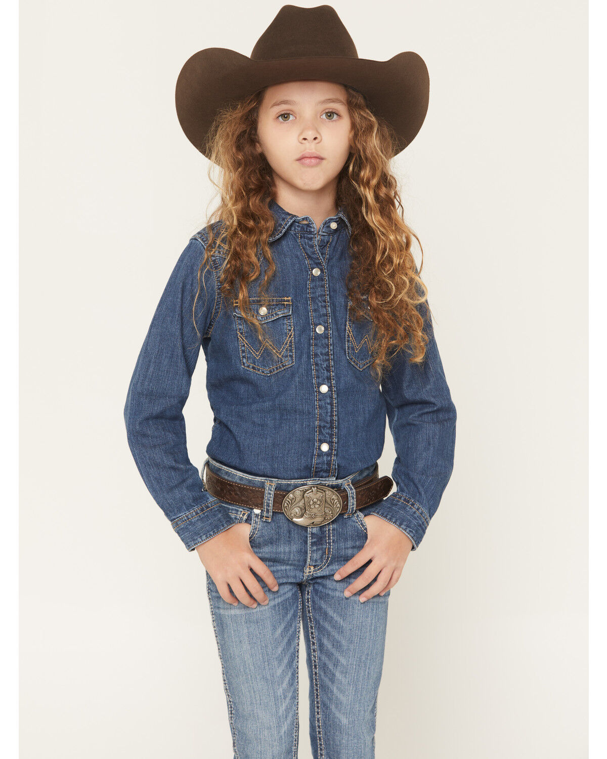 Image #1 - Wrangler Girls' Embroidered Denim Long Sleeve Pearl Snap Western Shirt, Blue, hi-res