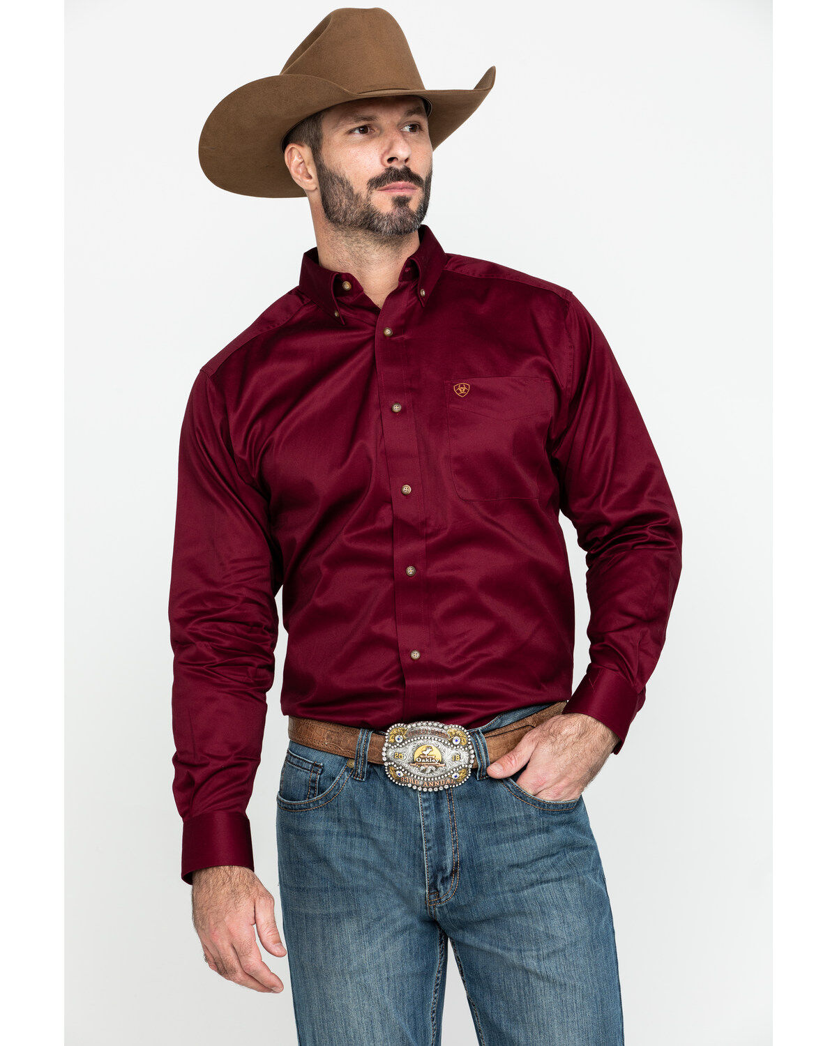 Ariat Men's Burgundy Solid Twill Long Sleeve Western Shirt - Big & Tall, Burgundy, hi-res