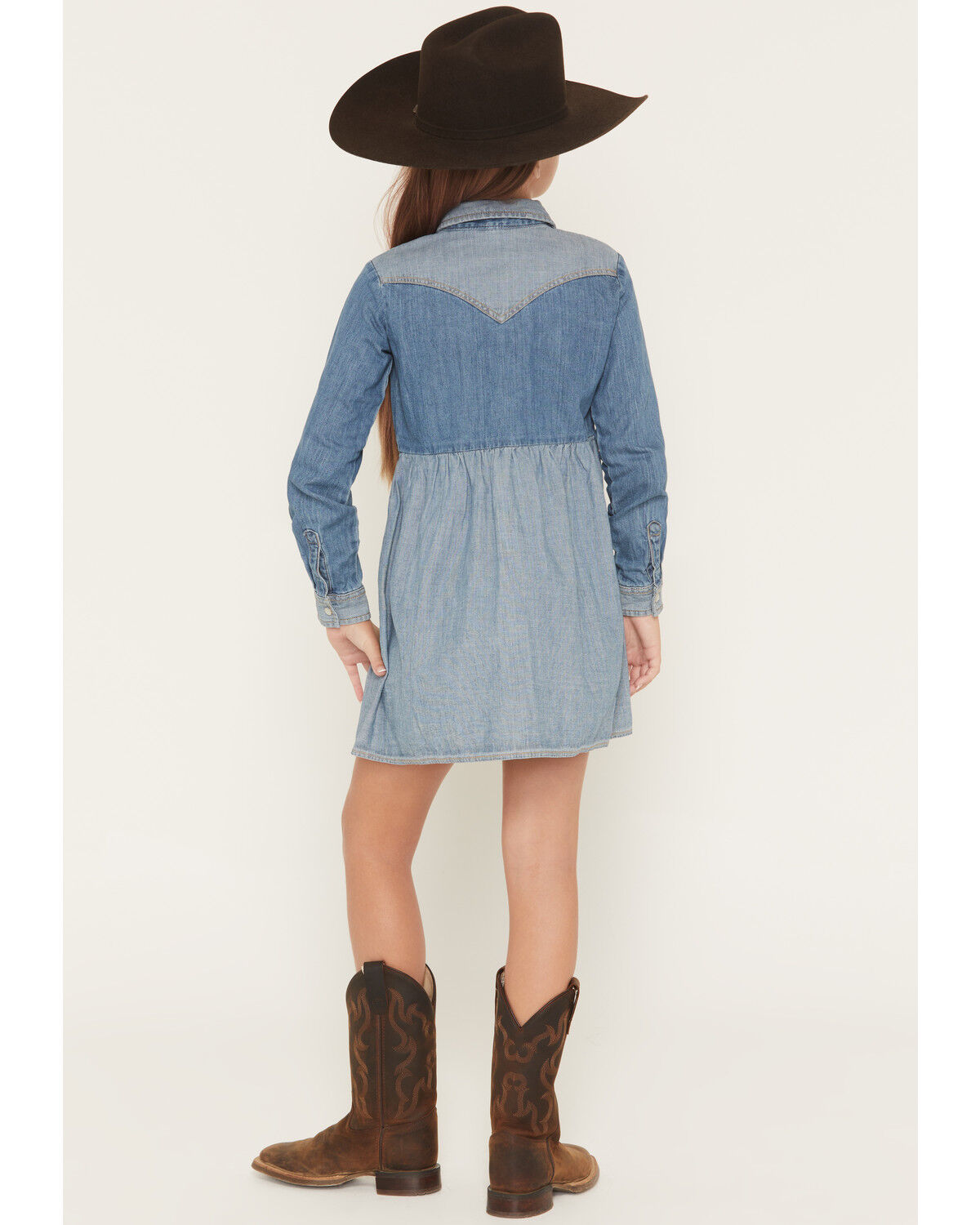 Image #4 - Wrangler Girls' Two-Toned Long Sleeve Denim Dress, Blue, hi-res