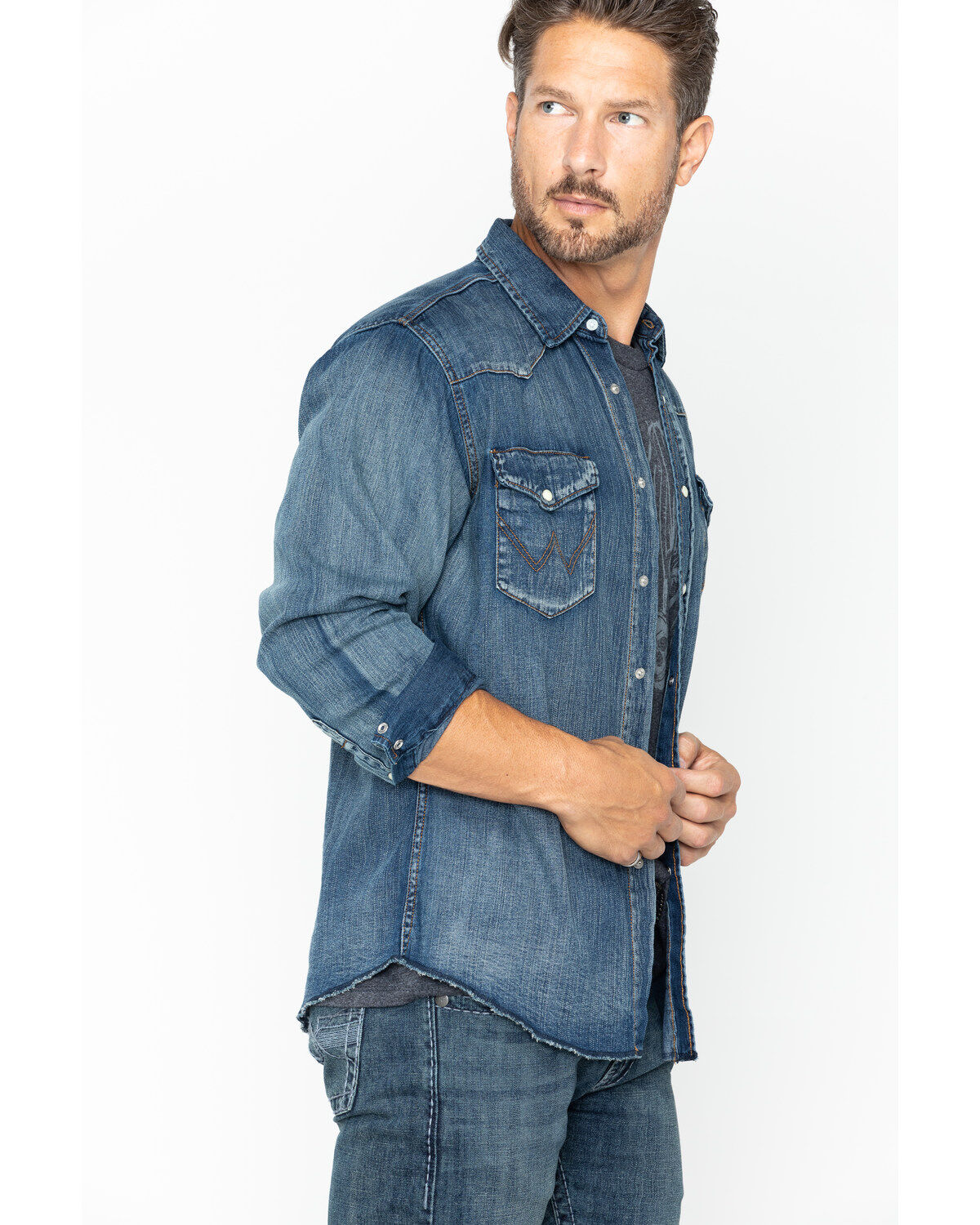 Image #6 - Wrangler Men's Slub Denim Long Sleeve Work Shirt, Antique Blue, hi-res