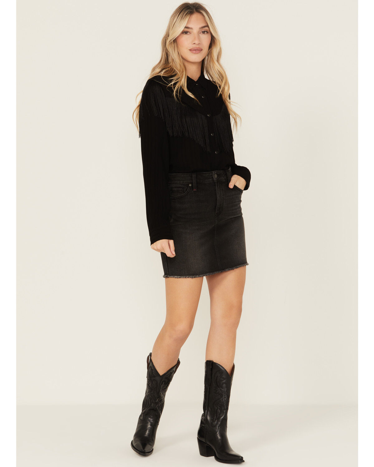 Image #1 - Idyllwind Women's Double Back Yoke Stretch Mini Denim Skirt, Black, hi-res